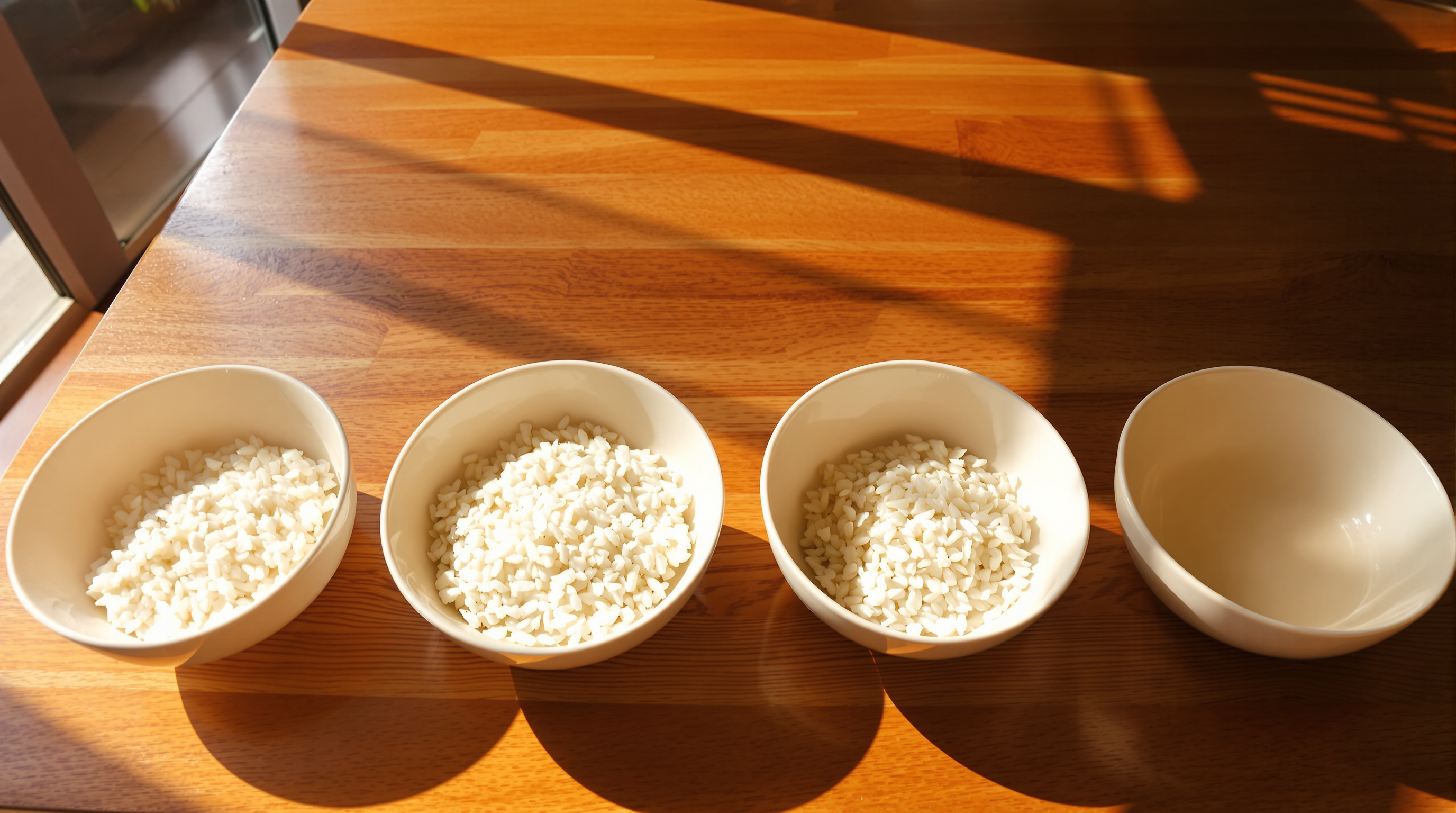 Four identical pale ceramic bowls in a row on a sunlit wooden table, every rim at the same height, each holding a different depth of rice