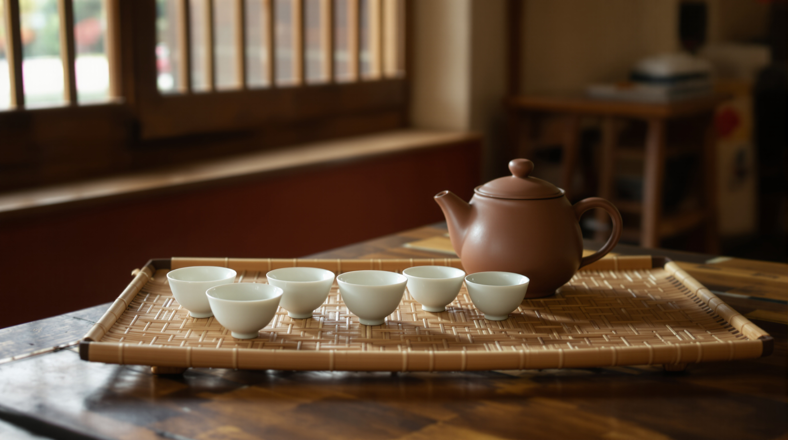 A row of small white porcelain teacups on a bamboo tray beside a clay teapot on a worn wooden tea house table, in warm afternoon light