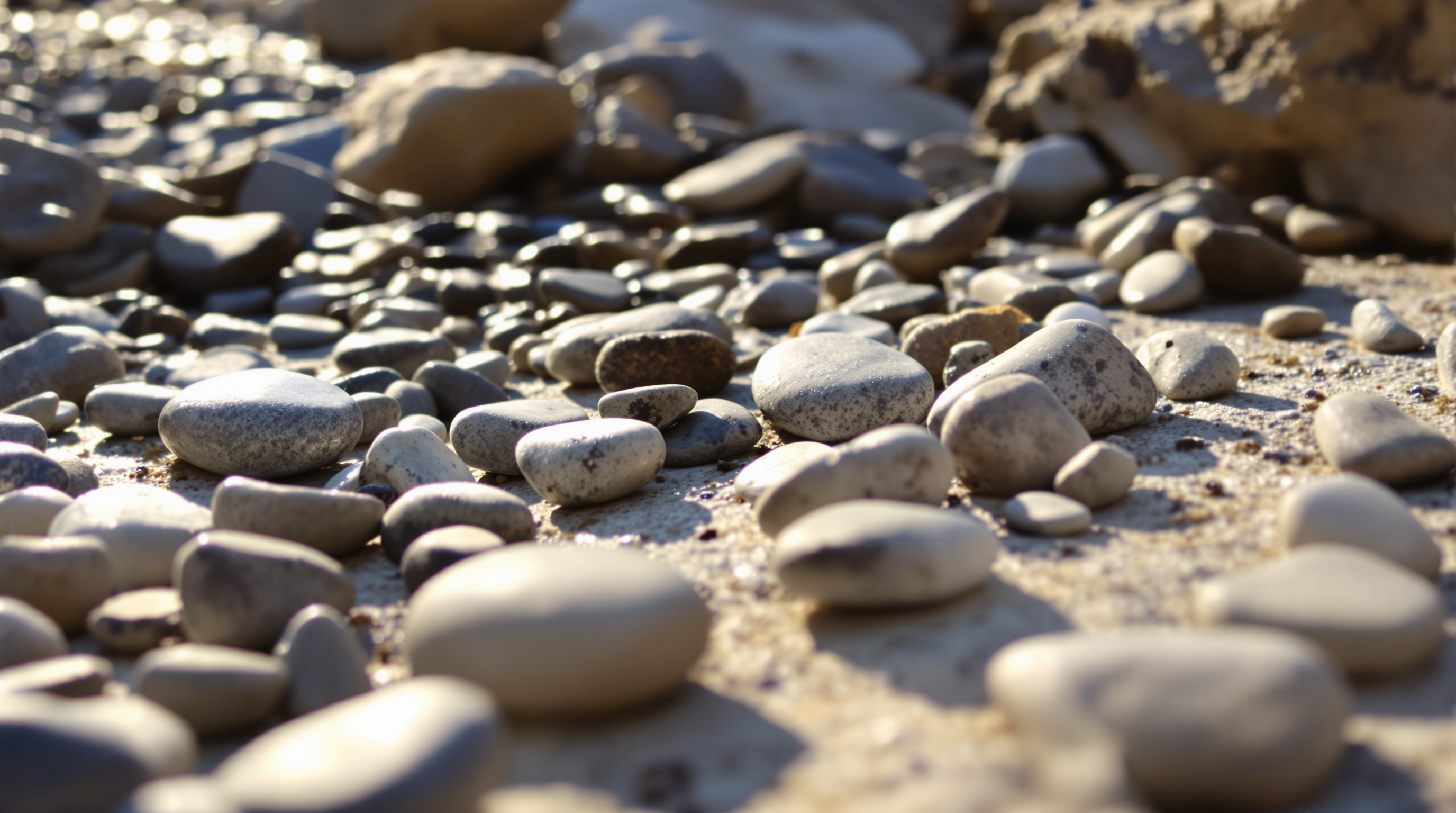 Smooth pale river pebbles spread across a sunlit shore, warm low sun from the left casting long soft shadows