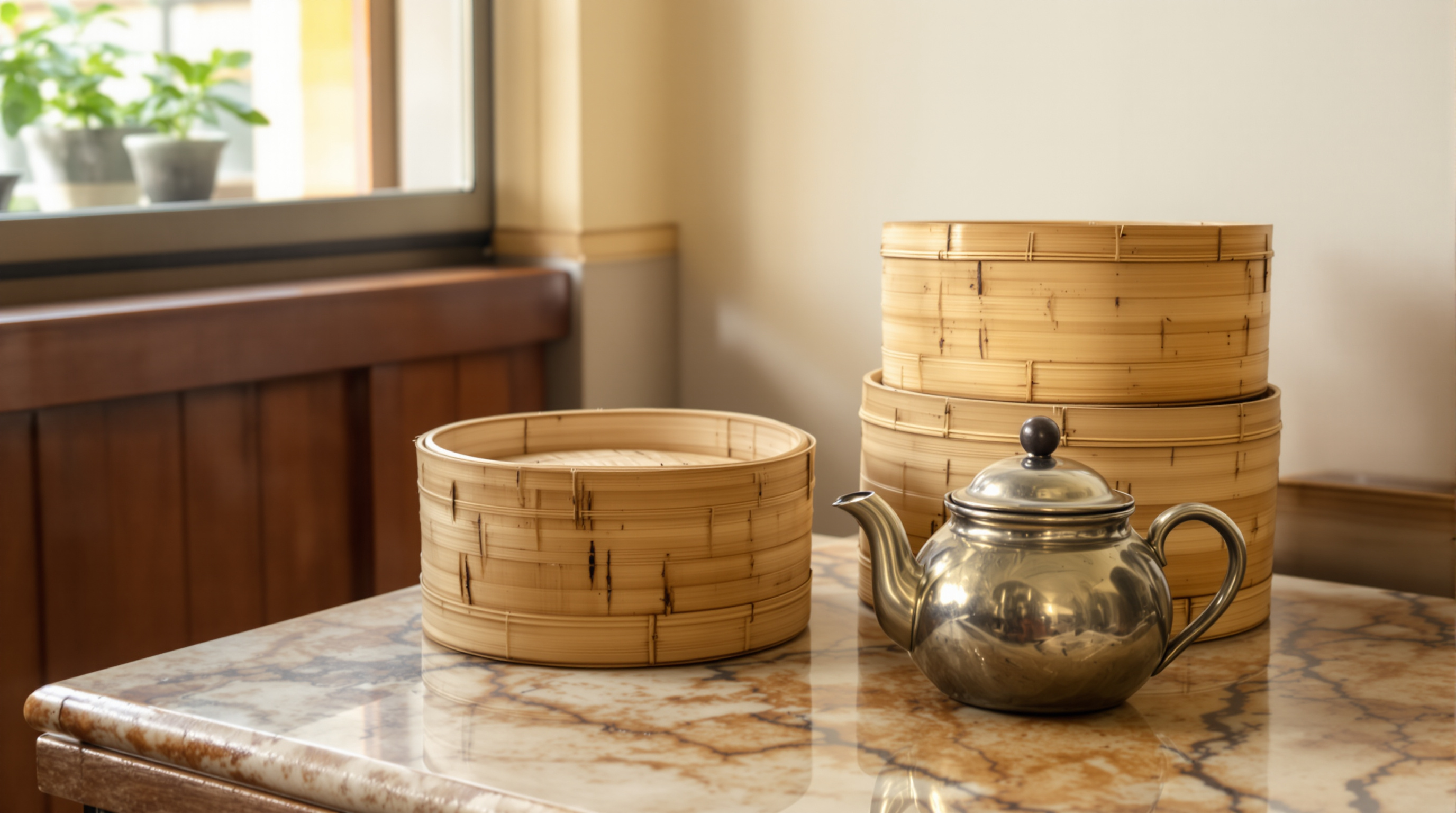 Bamboo steamer baskets and a small metal teapot on a marble tea house table, warm light from a window at the left
