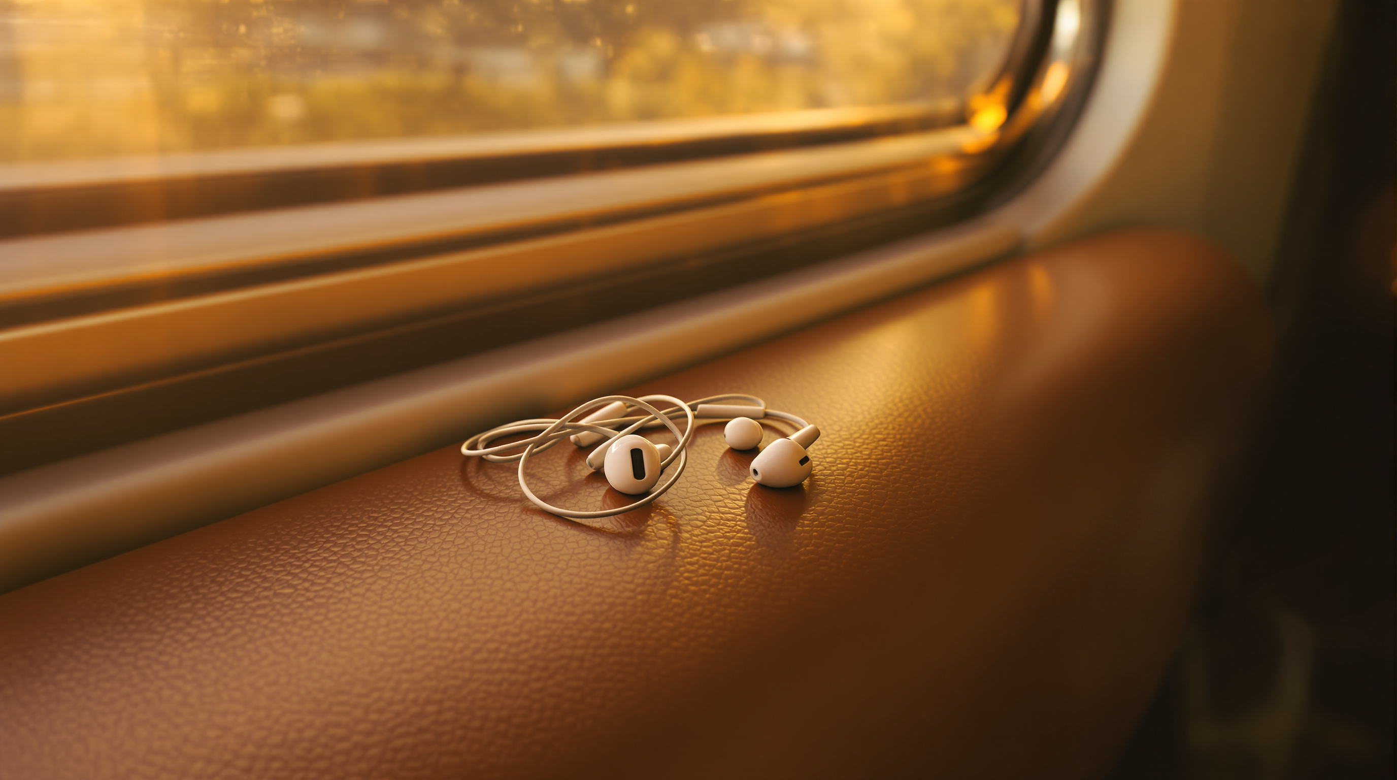 A pair of white wired earbuds coiled on the tan leather of a train seat beside a window, warm low sun falling across the fabric