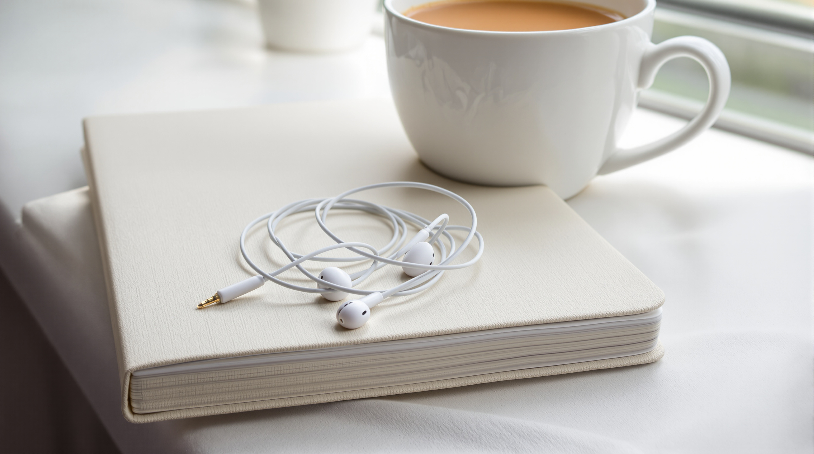 A pair of white wired earbuds coiled on a closed cream notebook beside a cup of tea by a window