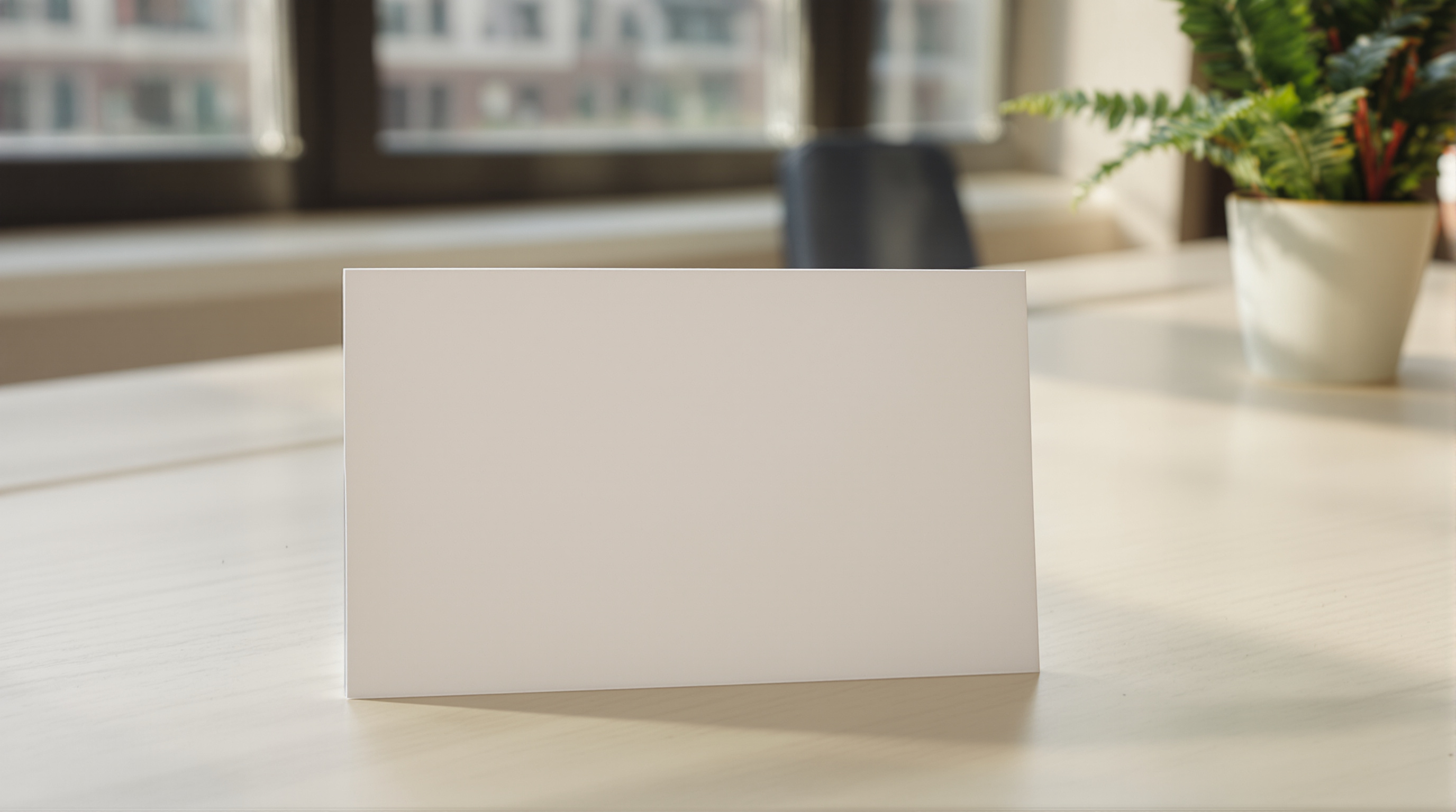 A blank white card standing on a pale wooden desk beside a potted fern