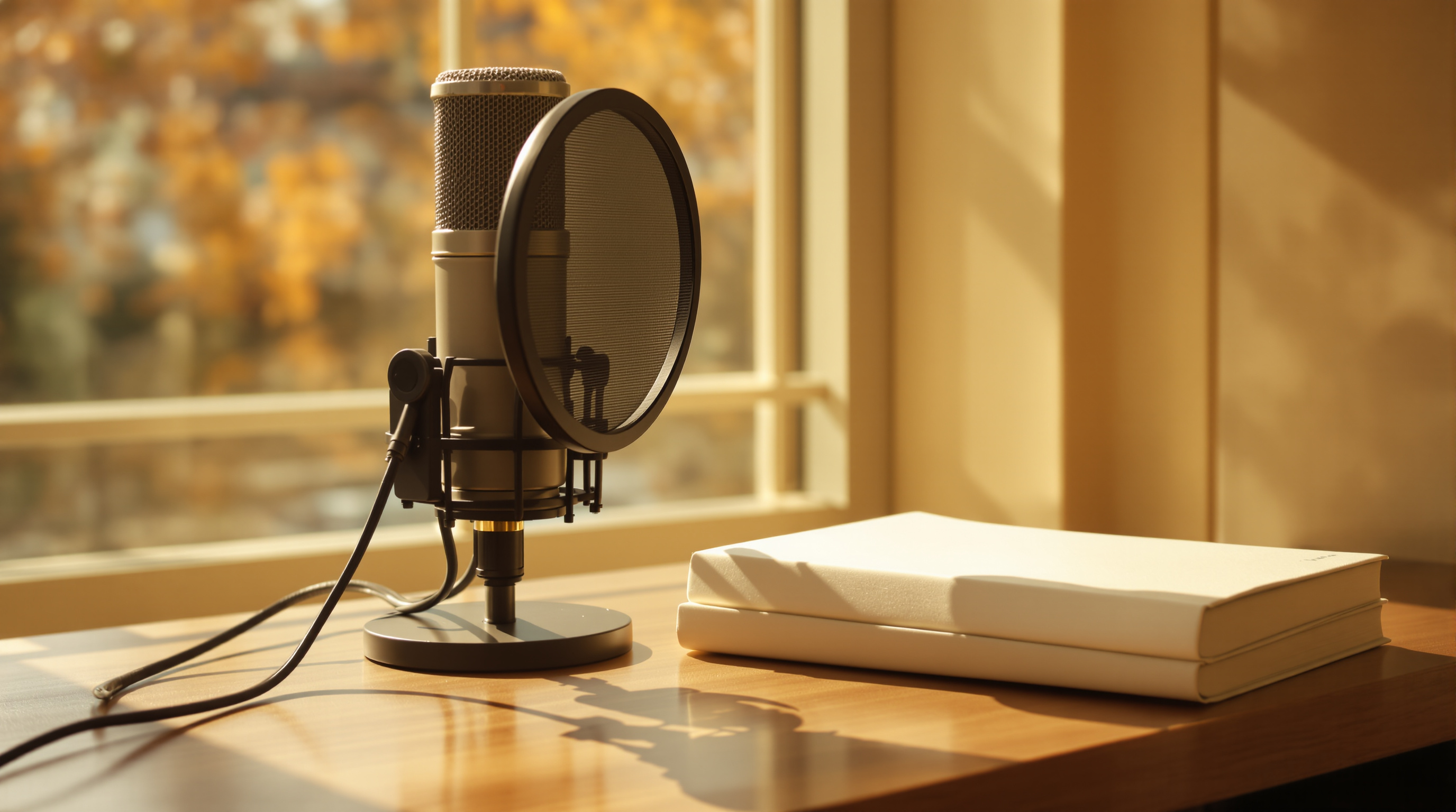 A studio condenser microphone with a round mesh pop shield on a wooden table beside two closed cream-covered books in warm window light