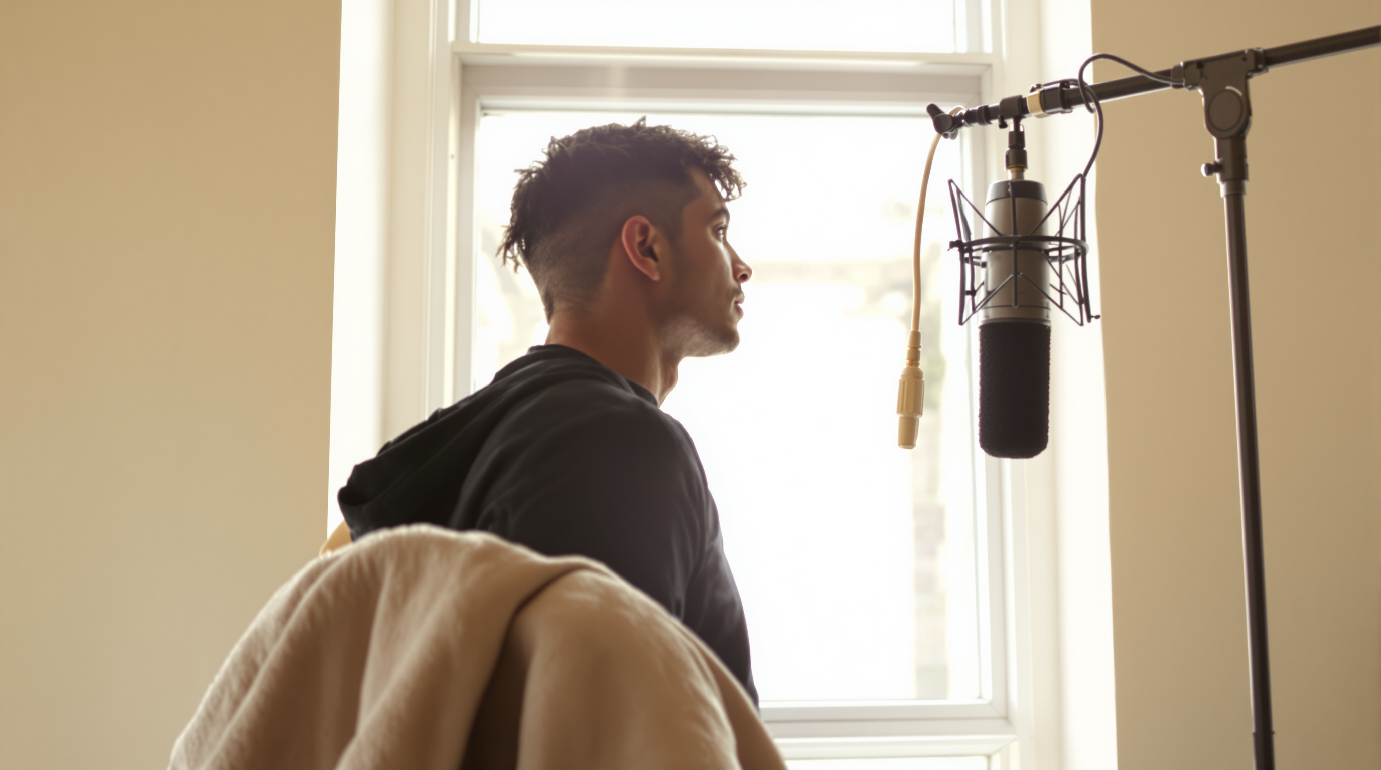 A person in profile speaking toward a studio microphone on a boom arm in front of a bright window