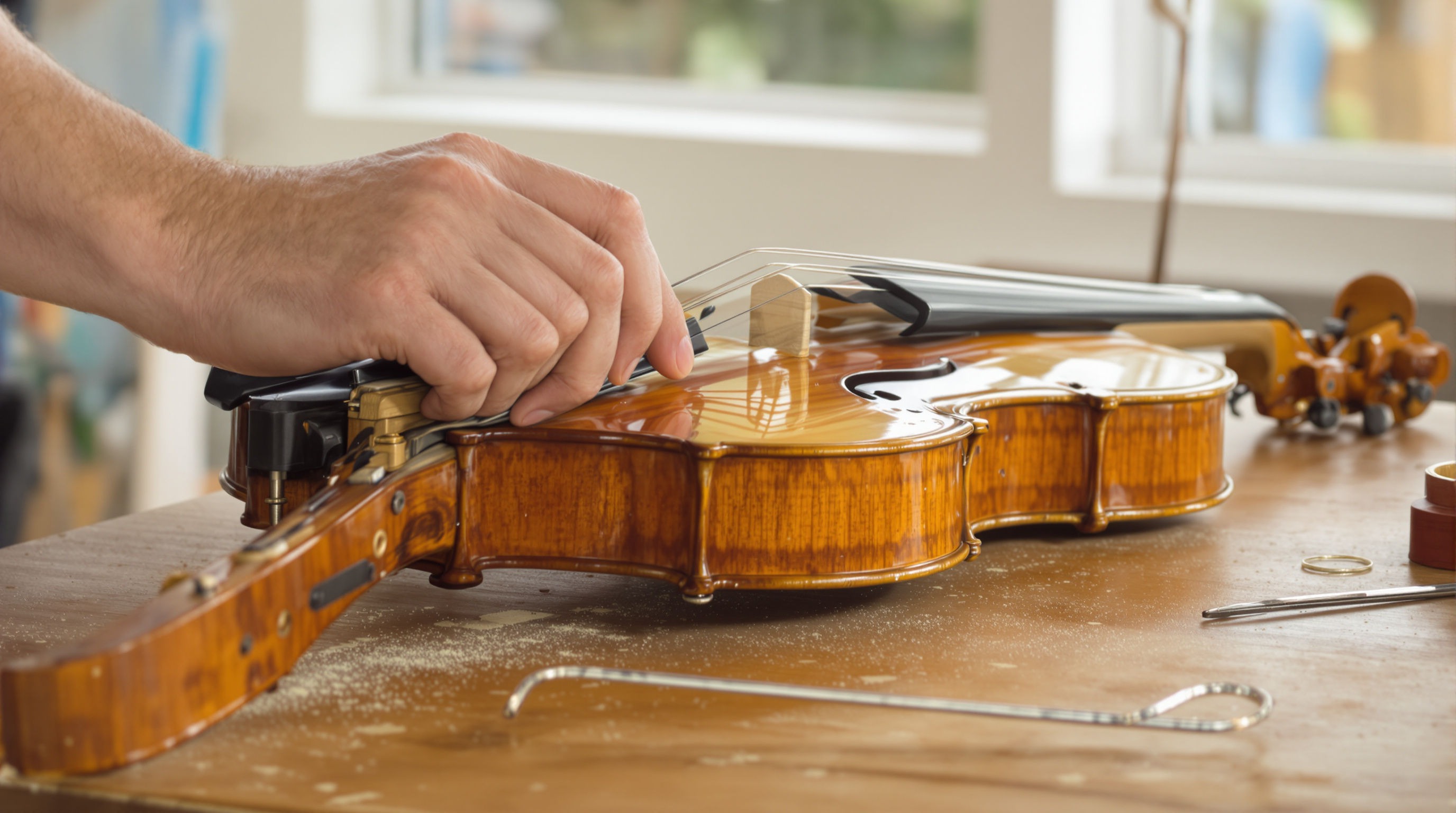 A hand working on the body of a varnished violin lying on a wooden workbench, with tools and sawdust beside it in daylight