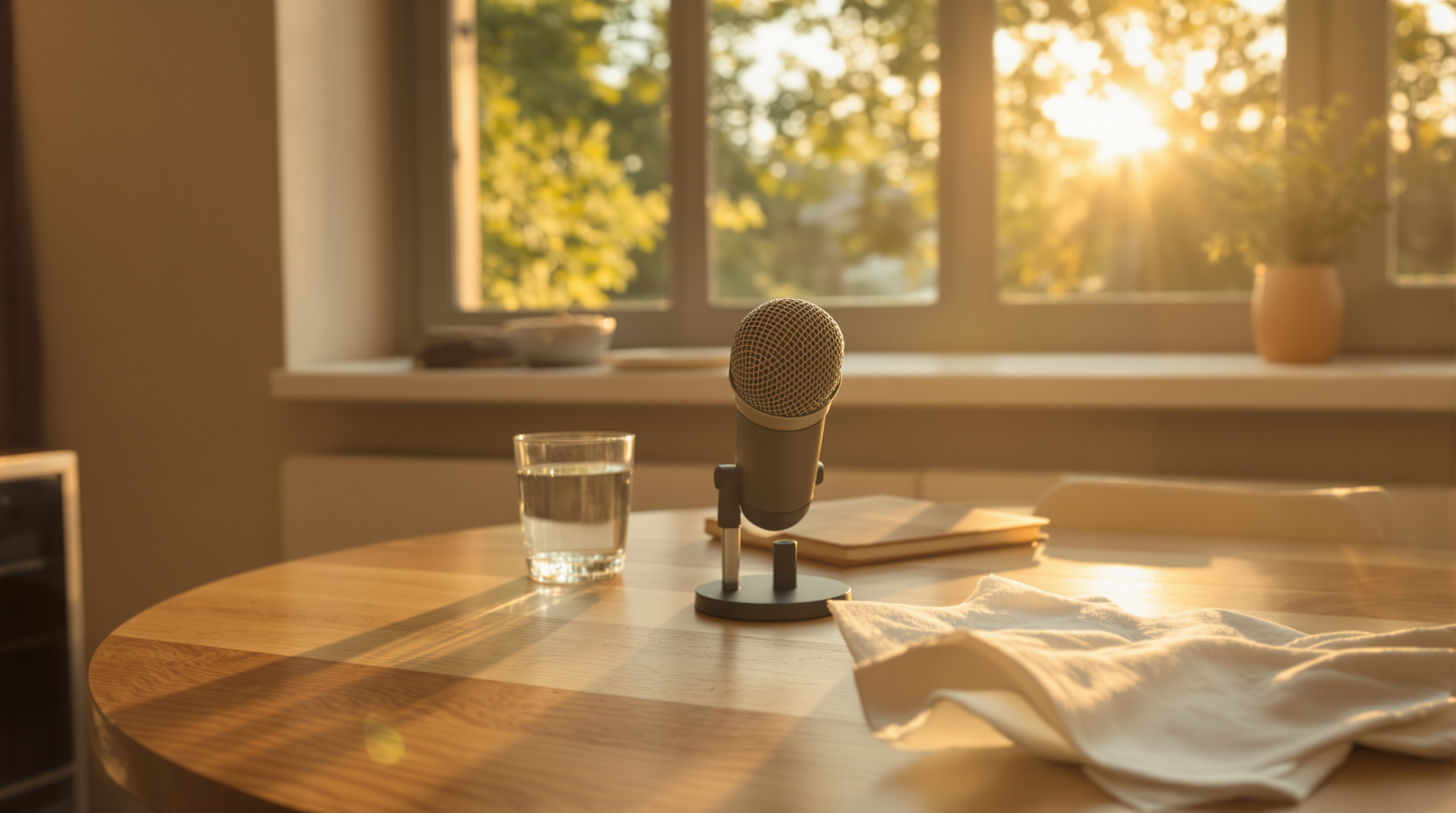 A small round-headed desk microphone on a pale oak table beside a glass of water, in warm golden-hour window light