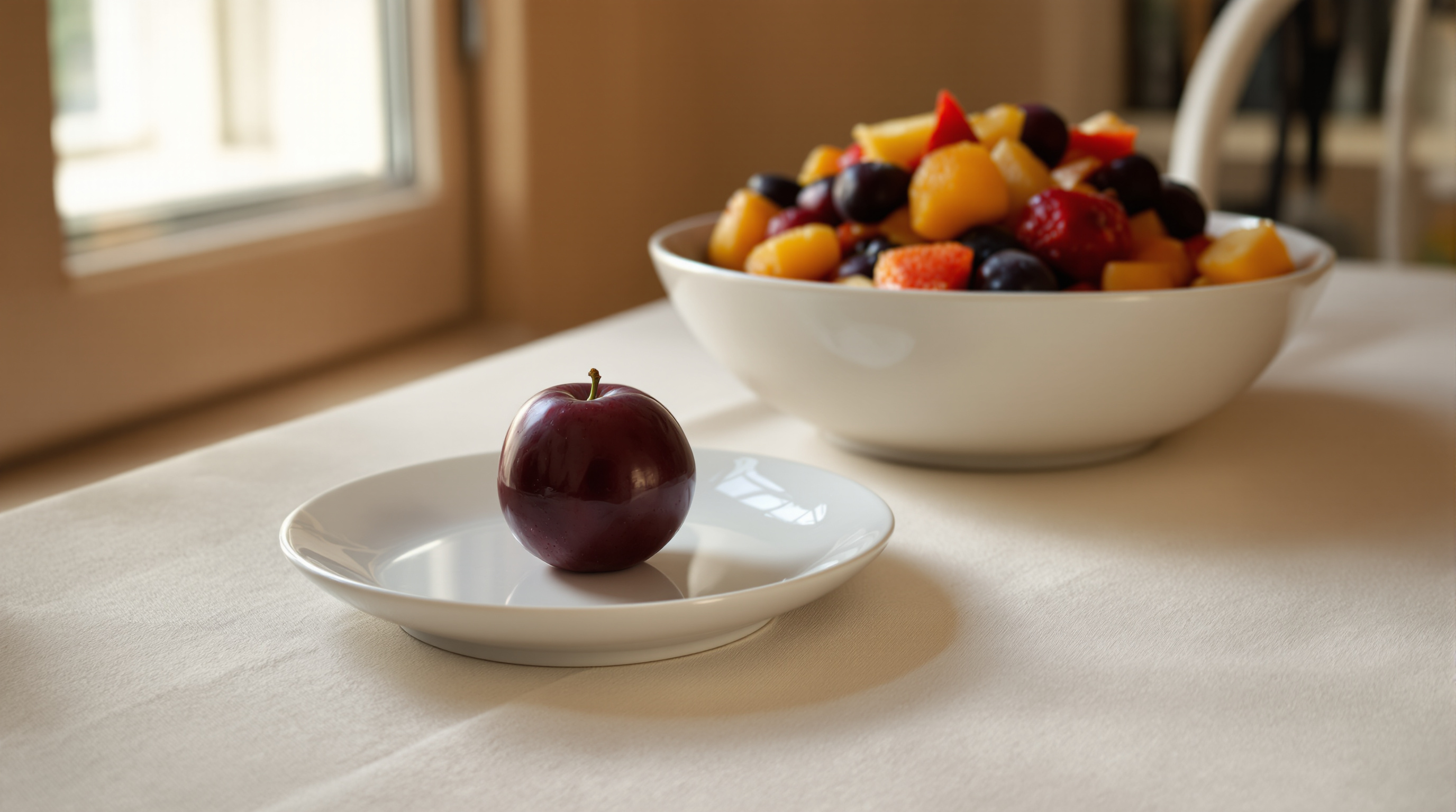 A single ripe plum on a small white plate beside a shallow bowl heaped with mixed fruit, in warm morning light
