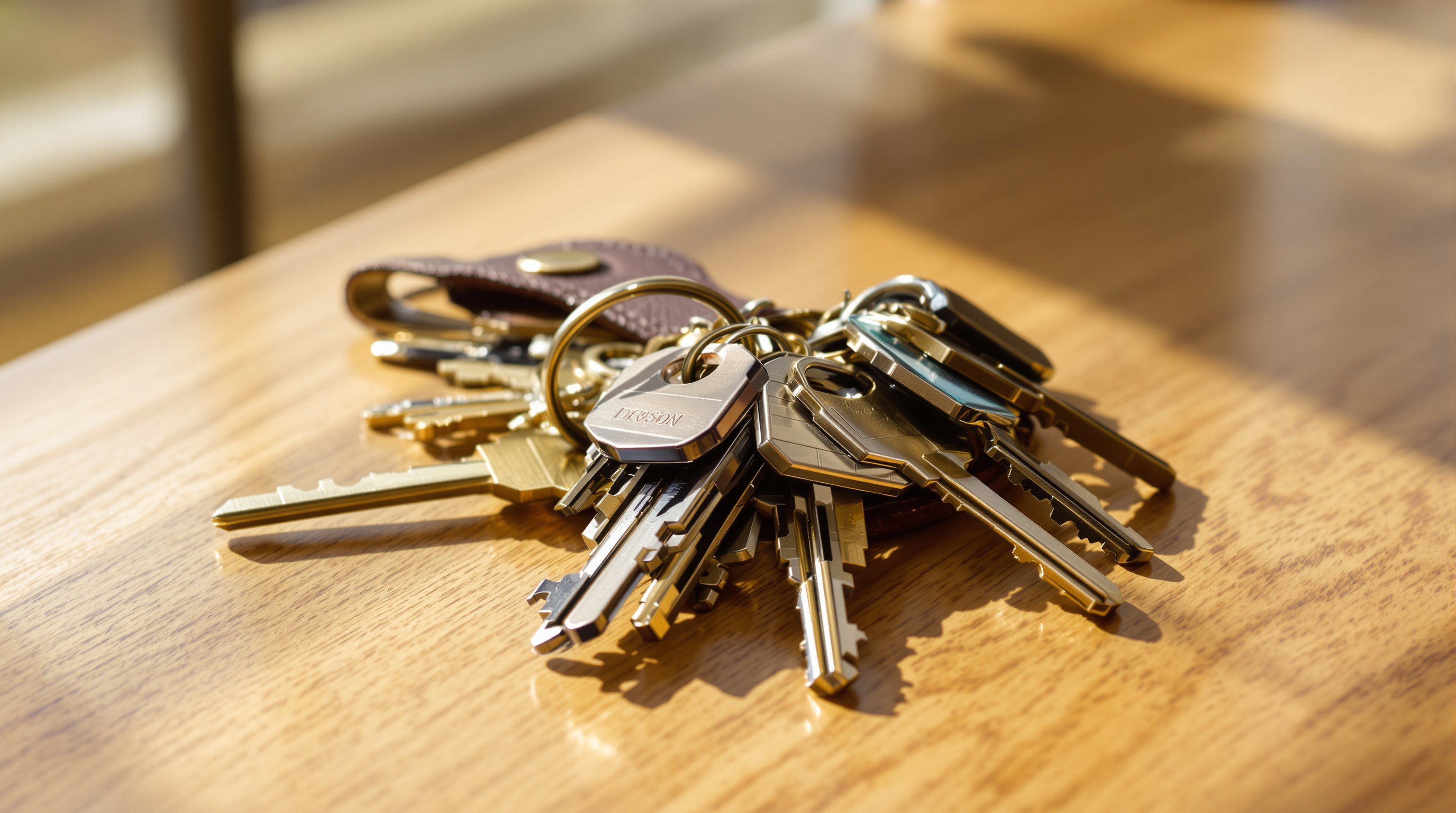 A ring of mixed keys on a worn leather fob lying on a sunlit oak table beside one plain brass key set apart