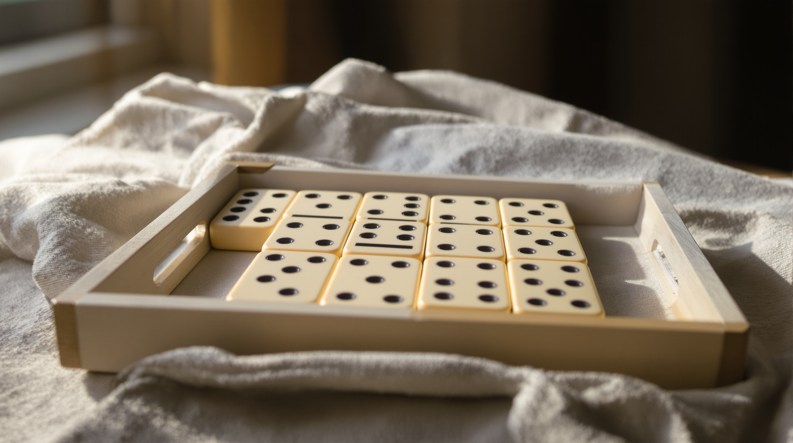A shallow tray of plain wooden dominoes turned face down on a linen cloth in warm afternoon window light