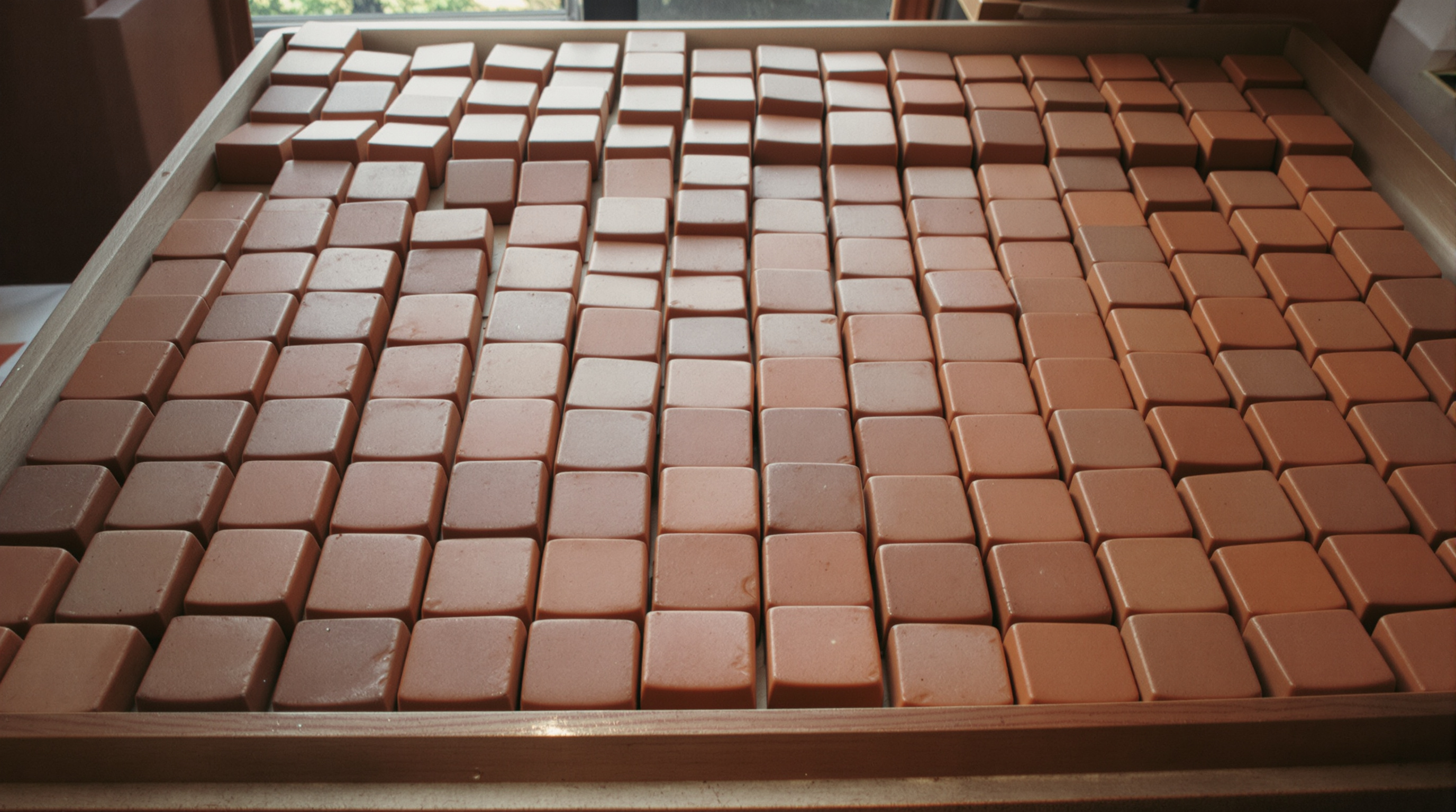 Many small identical unglazed clay tiles laid out in a loose grid on a wide wooden tray in warm daylight