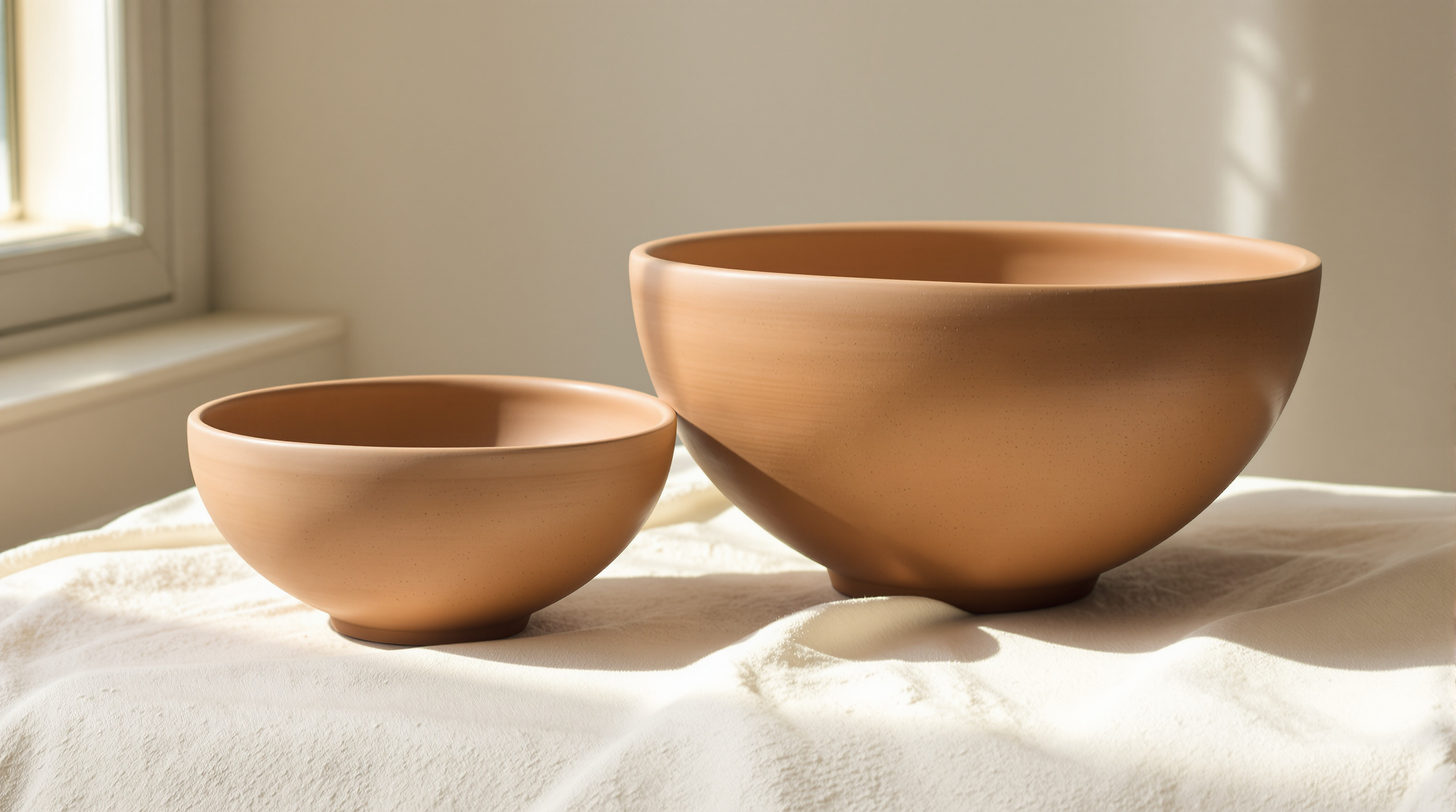 Two unglazed clay bowls of the same shape and very different sizes side by side on pale linen in soft window light