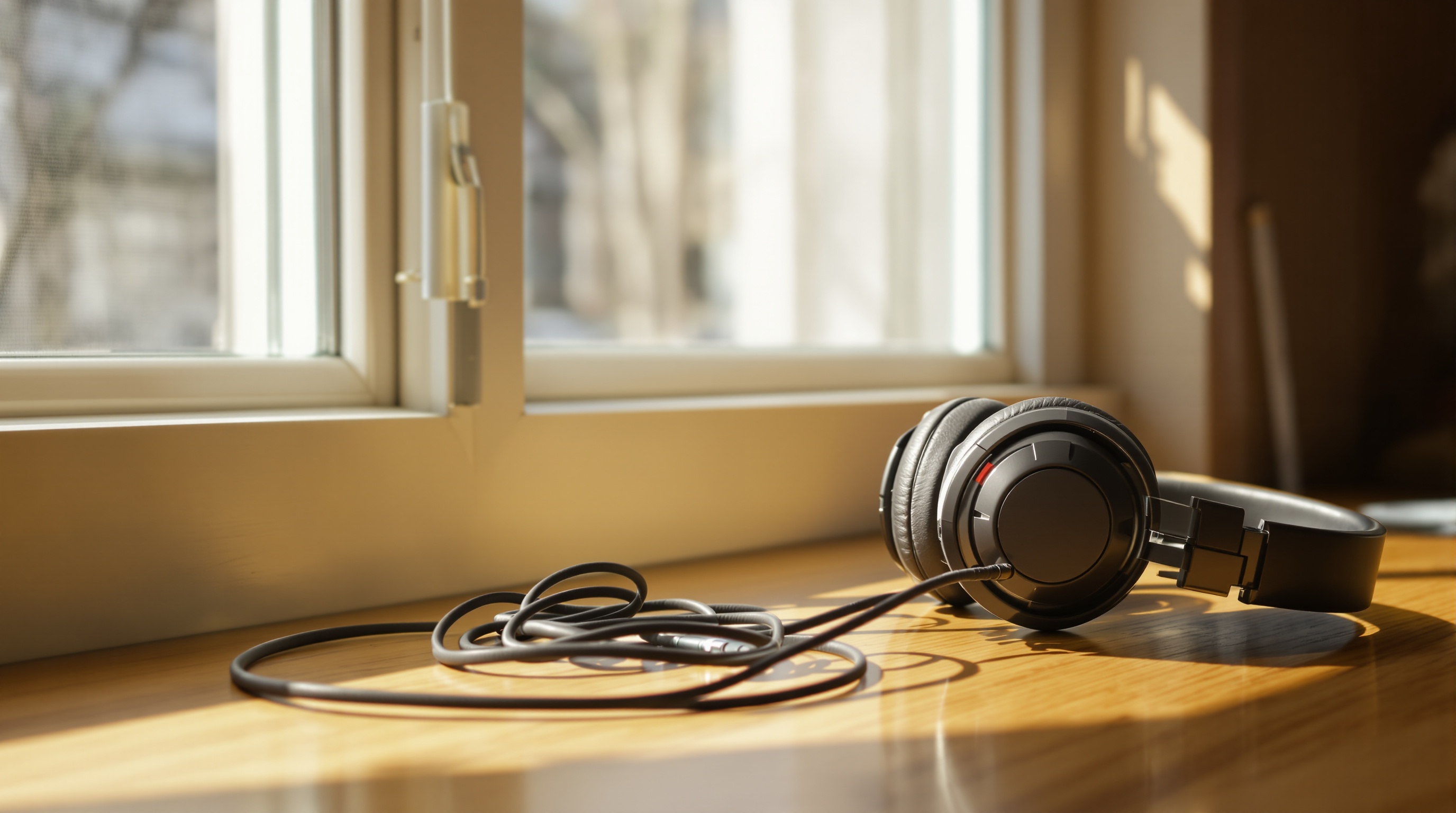 Well-used over-ear headphones resting on a sunlit wooden windowsill with the cable coiled loosely in front of them