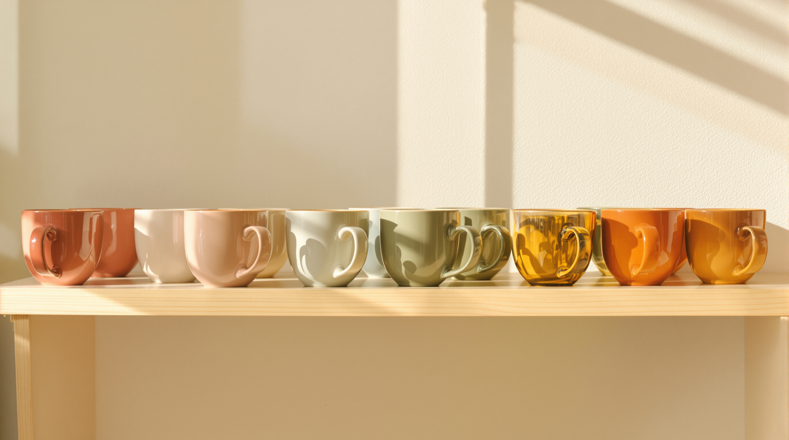 A long row of ceramic cups on a sunlit shelf glazed in terracotta, cream, sage and amber, the colours alternating so no colour repeats far along the line