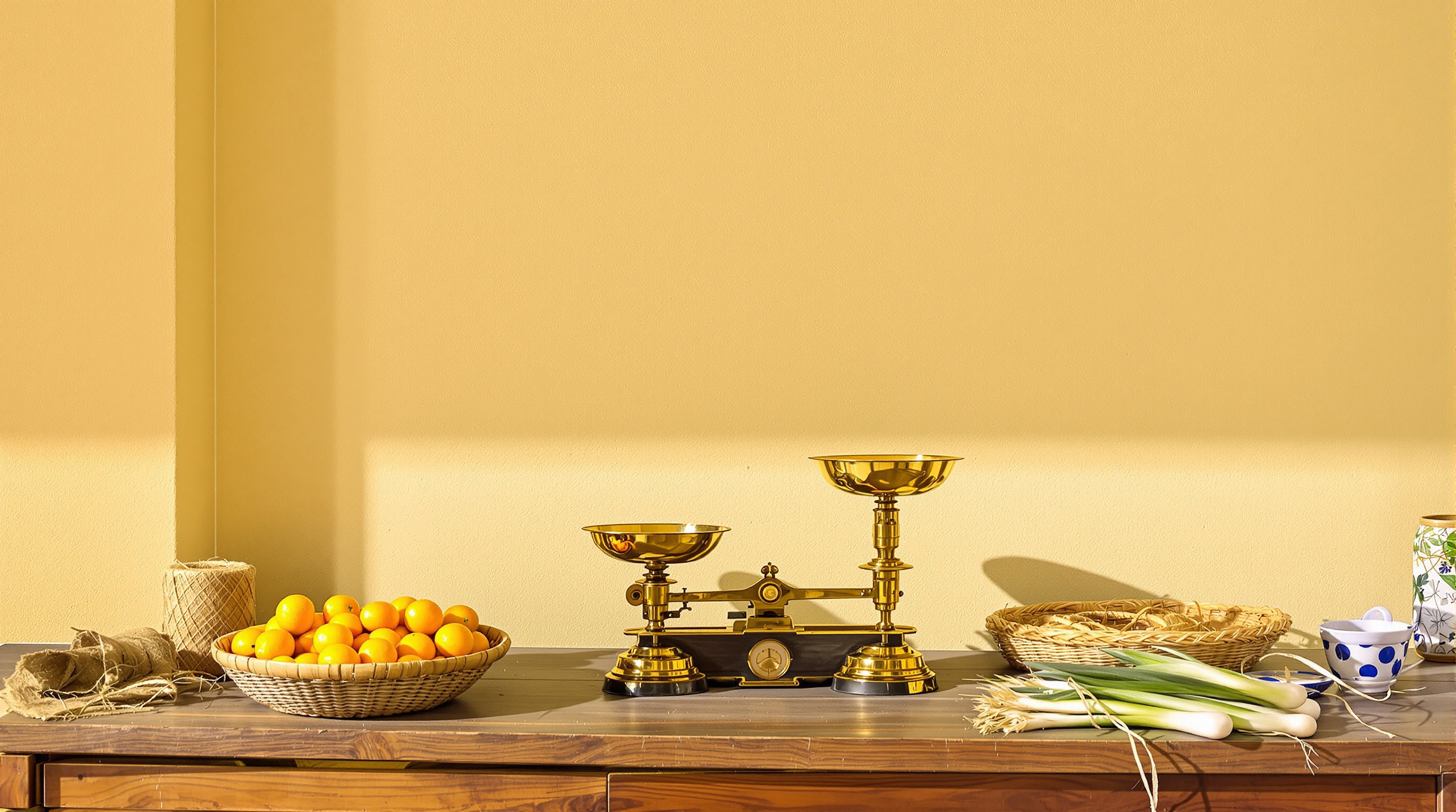 Polished brass balance scales on a wooden market counter beside a basket of mandarins and a bundle of spring onions, in warm morning light