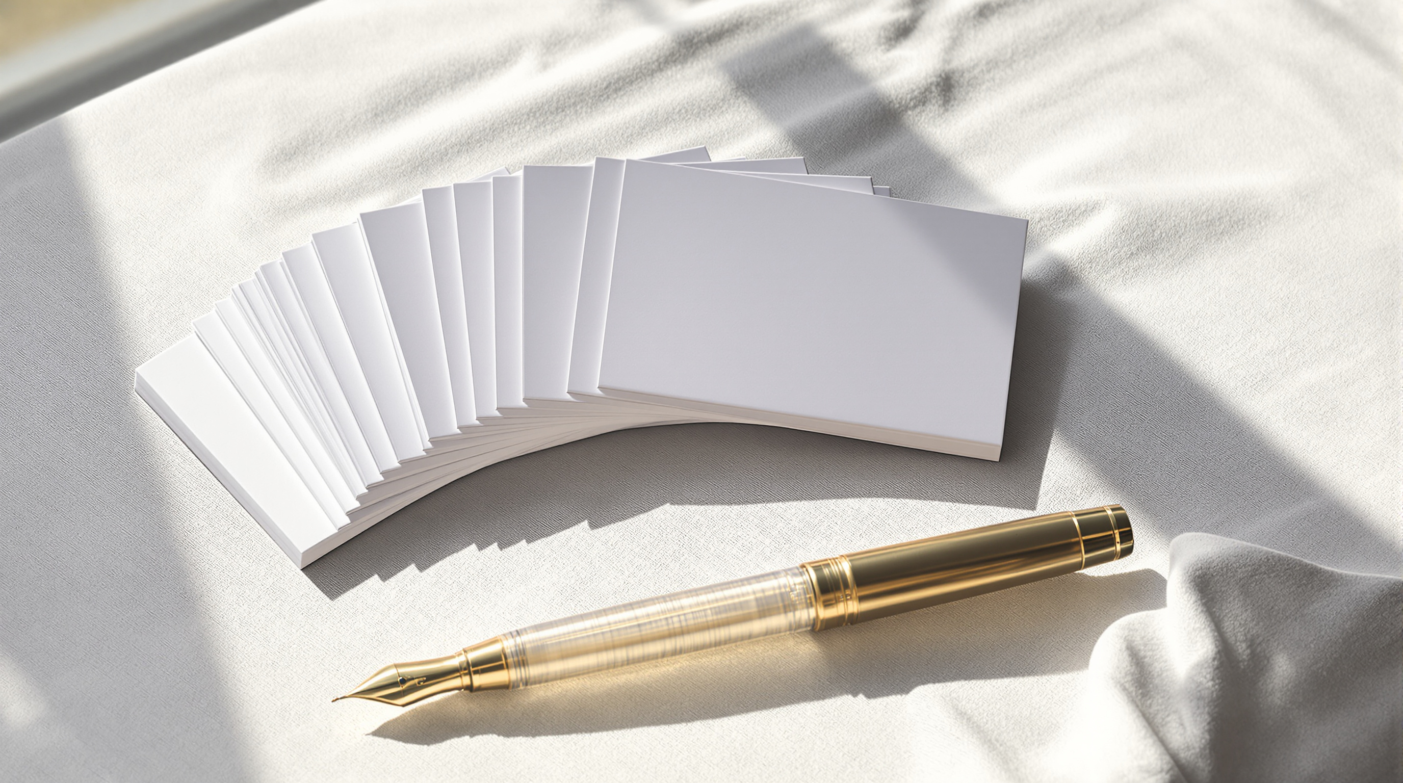 A stack of small blank index cards fanned across a linen surface beside a fountain pen, lit by soft afternoon sun