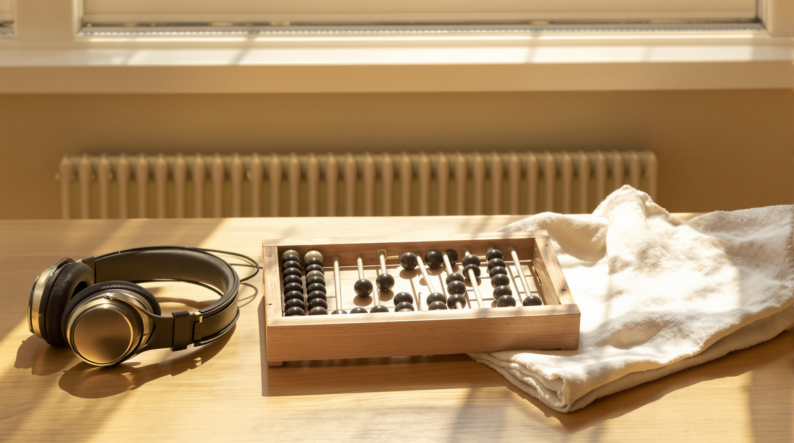 A wooden bead abacus lying flat on an oak table beside coiled over-ear headphones and a folded white cloth in warm window light