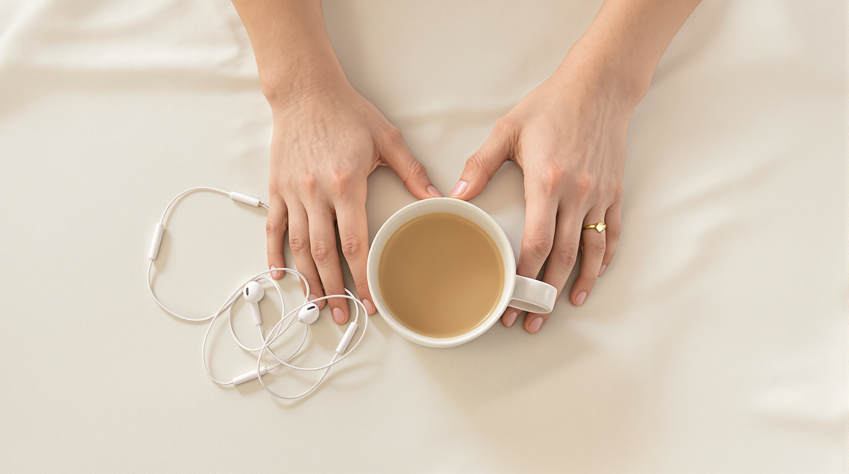 A pair of hands resting on a cream cloth either side of a mug of tea, with white wired earphones coiled beside it, seen from above