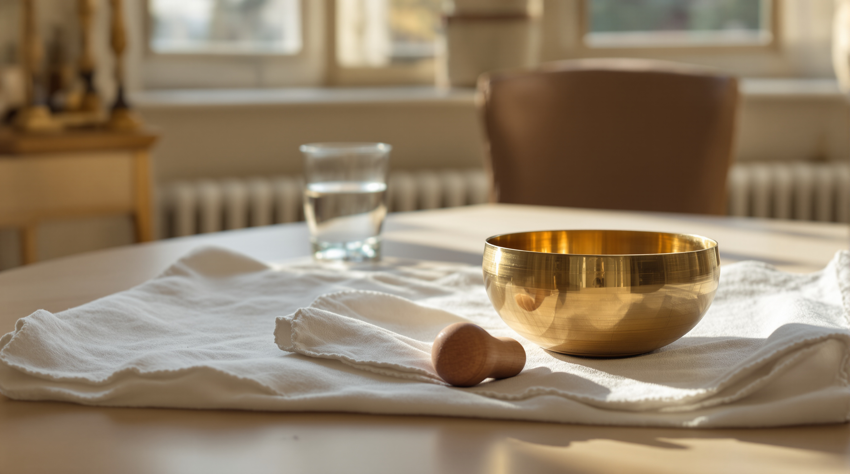 A brass singing bowl and its wooden striker resting on folded white linen on a sunlit table, with a glass of water behind