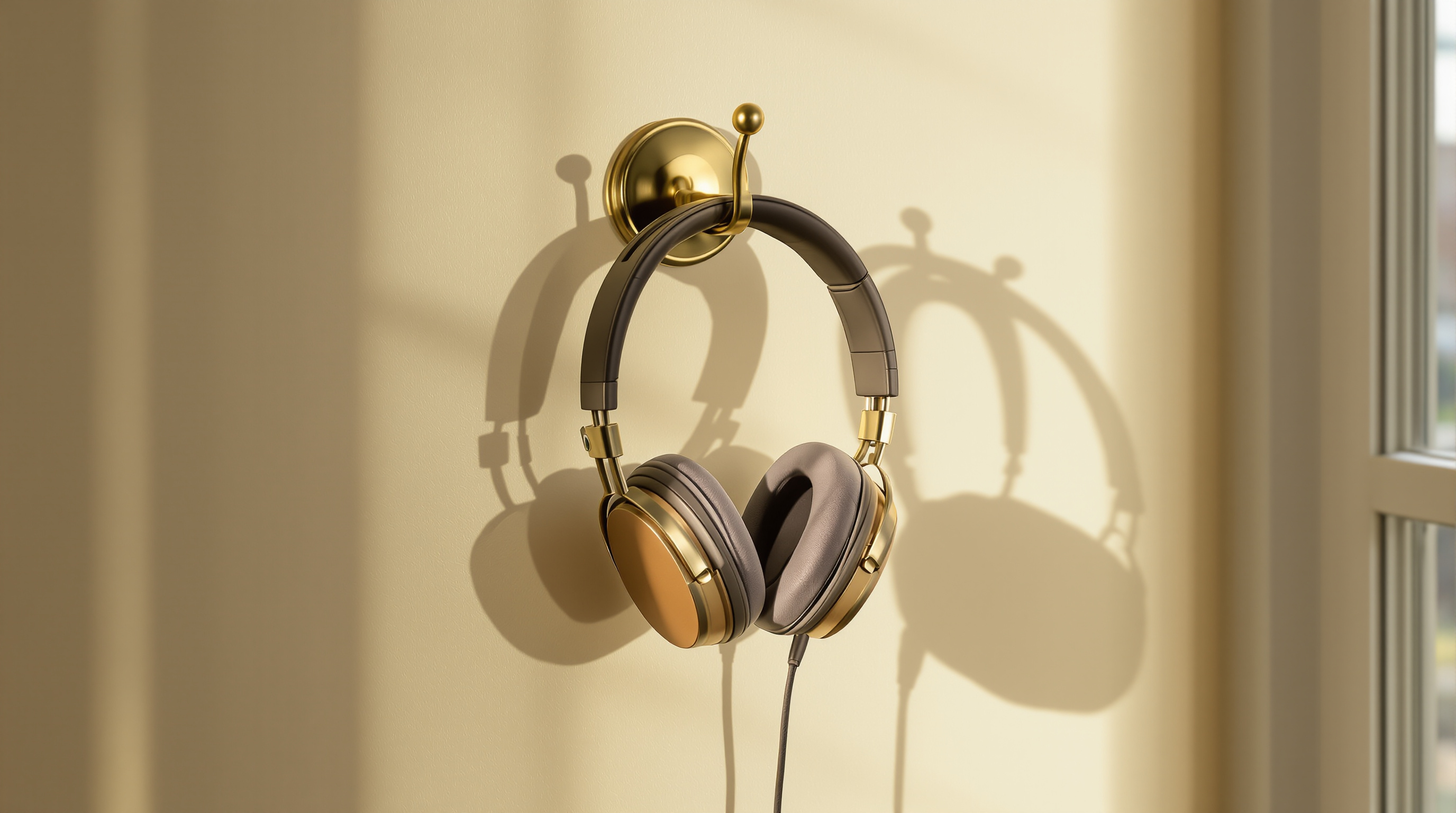 Over-ear headphones hanging from a brass hook on a pale wall in morning light