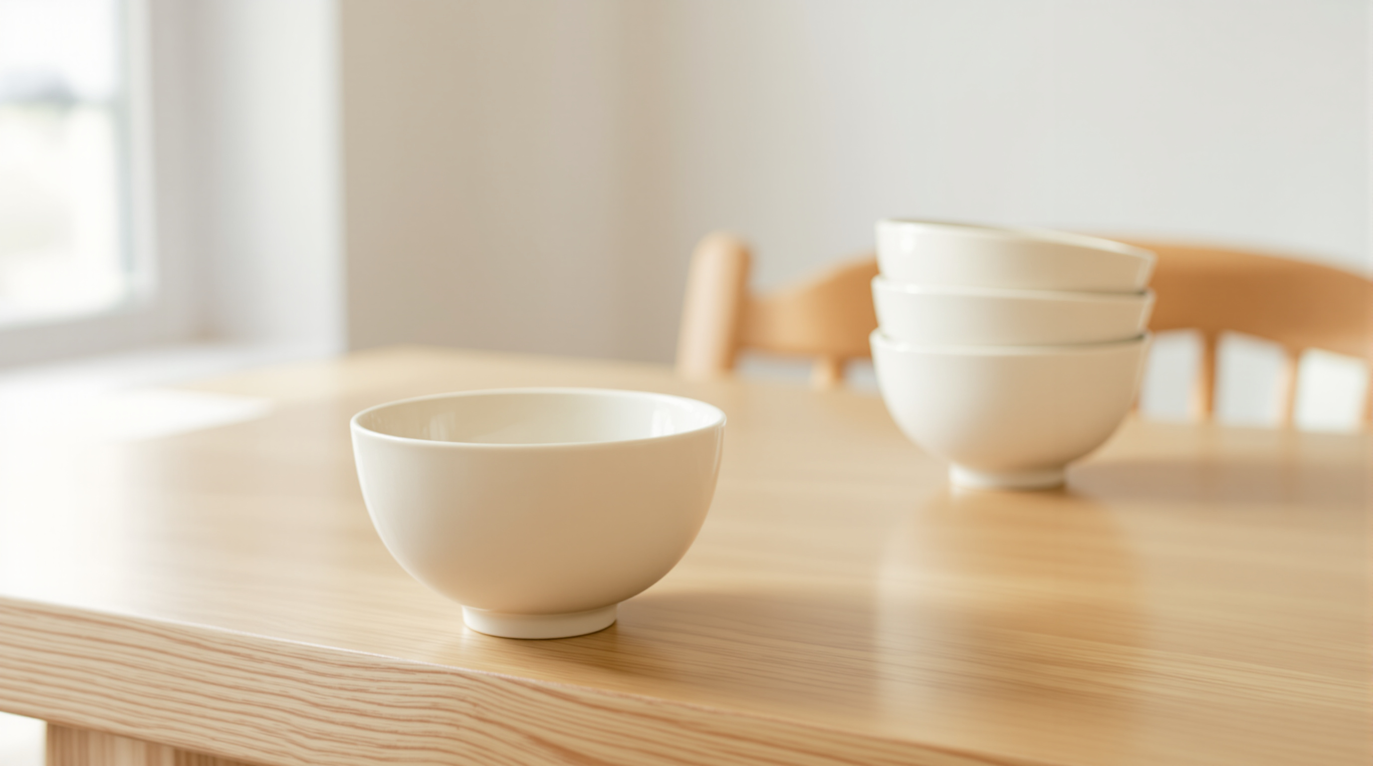 A single unglazed ceramic bowl on a pale oak table in warm morning window light, with three identical bowls stacked neatly behind it