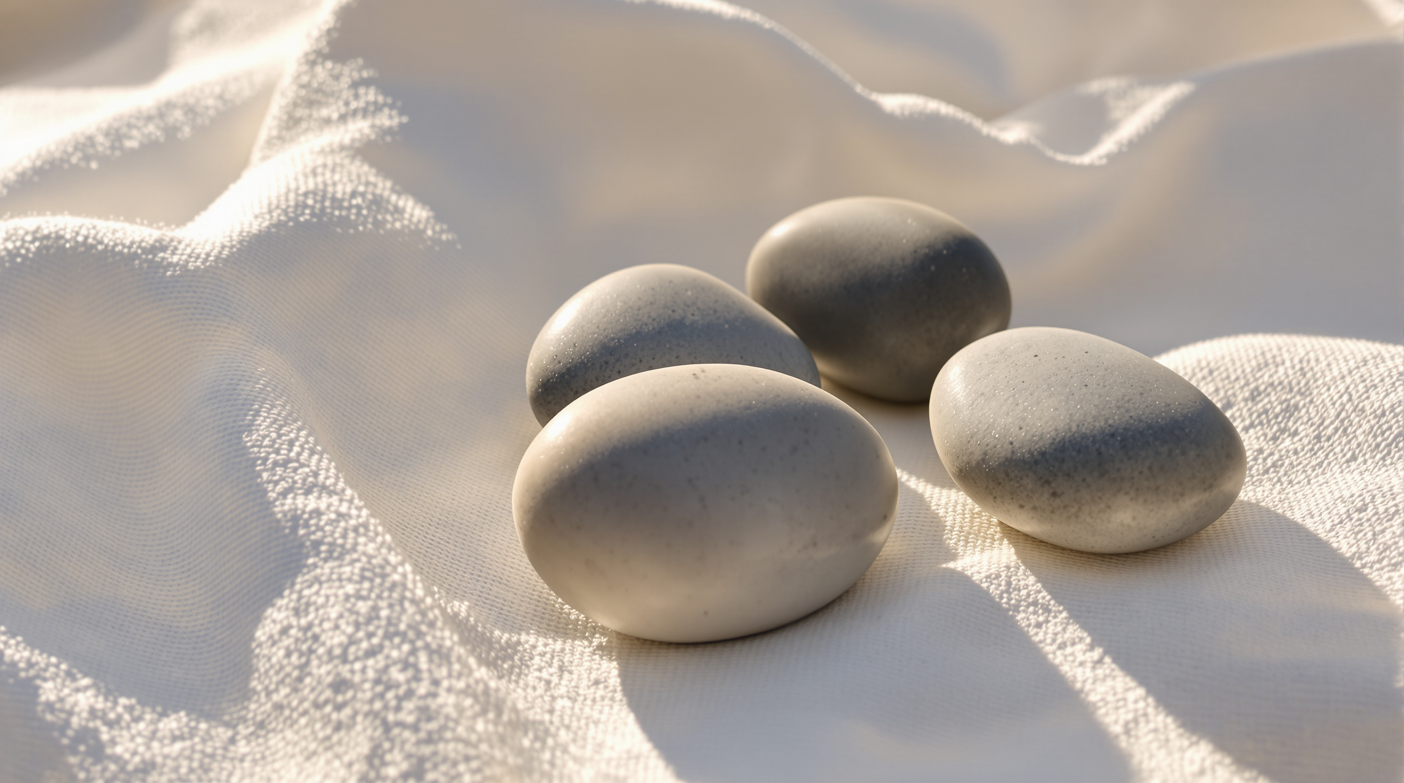 Four smooth river pebbles on folded cream linen in warm afternoon sun, two of them almost touching and the other two set well apart