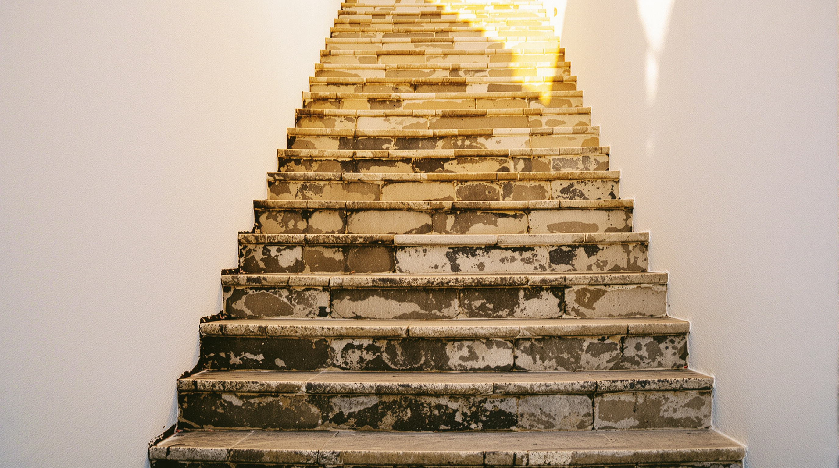 Worn stone steps climbing steeply between whitewashed walls, warm late afternoon sun on the upper treads and the lower steps in soft shade