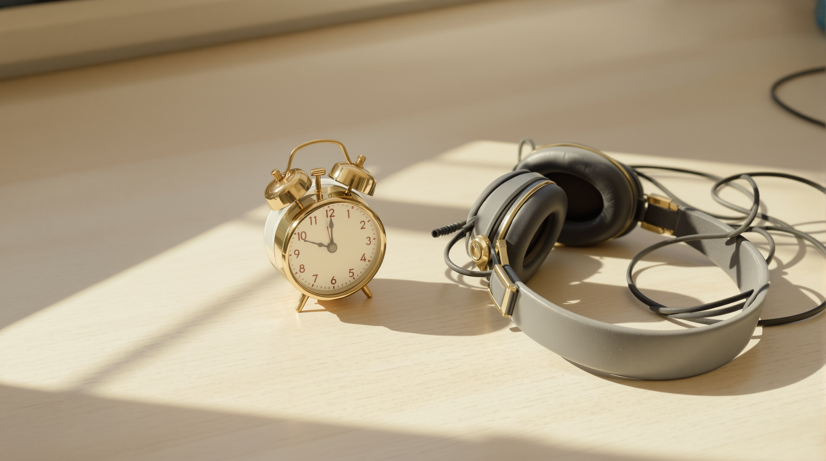 A small brass alarm clock on a pale wooden table with a pair of over-ear headphones coiled beside it, in warm morning window light