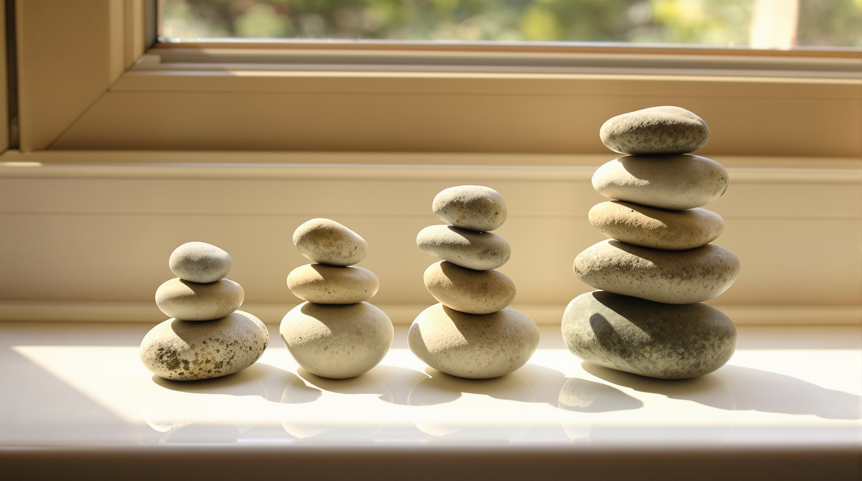 A row of balanced stacks of smooth river stones on a sunlit windowsill, each stack taller than the one before it