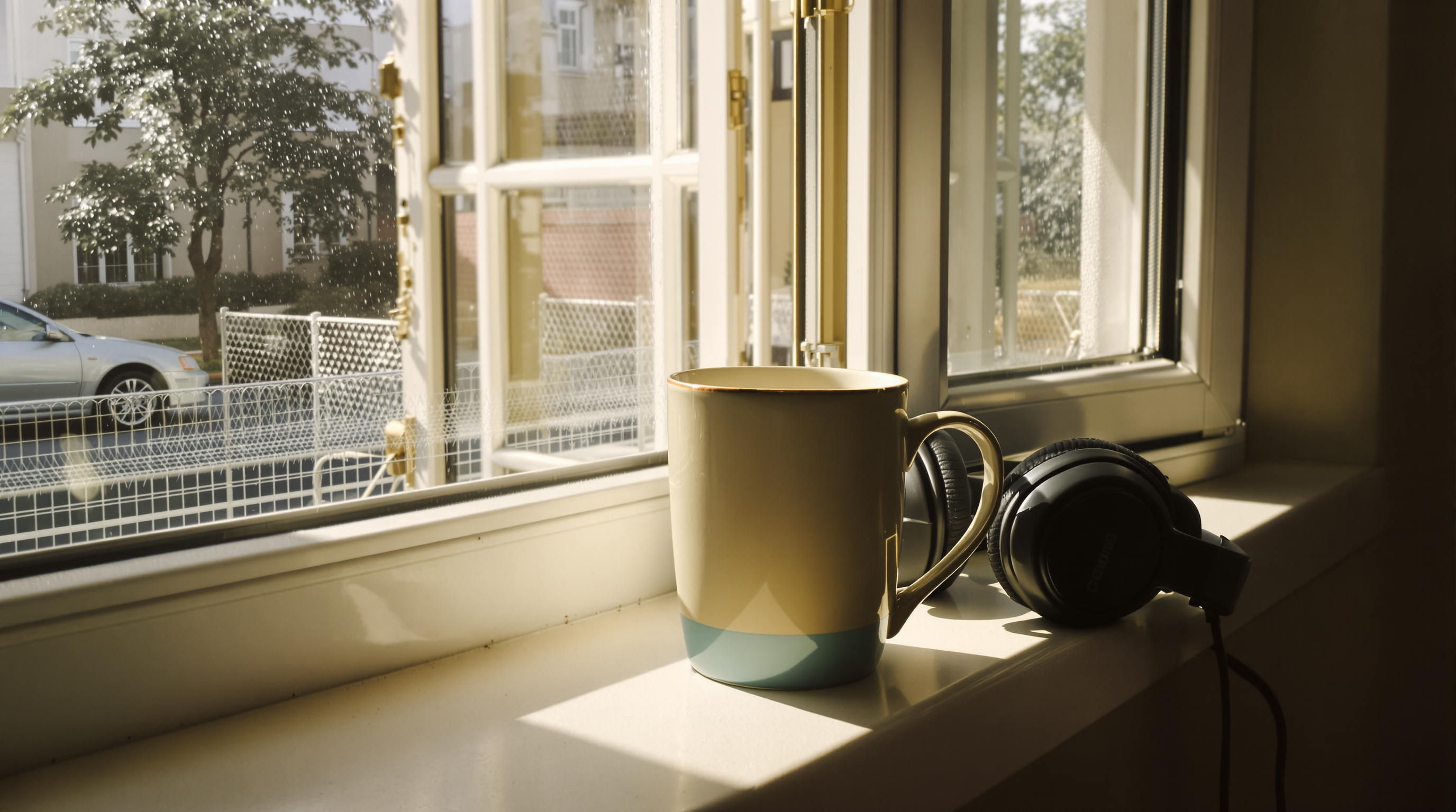 An empty ceramic mug and a pair of over-ear headphones set down on a sunlit windowsill