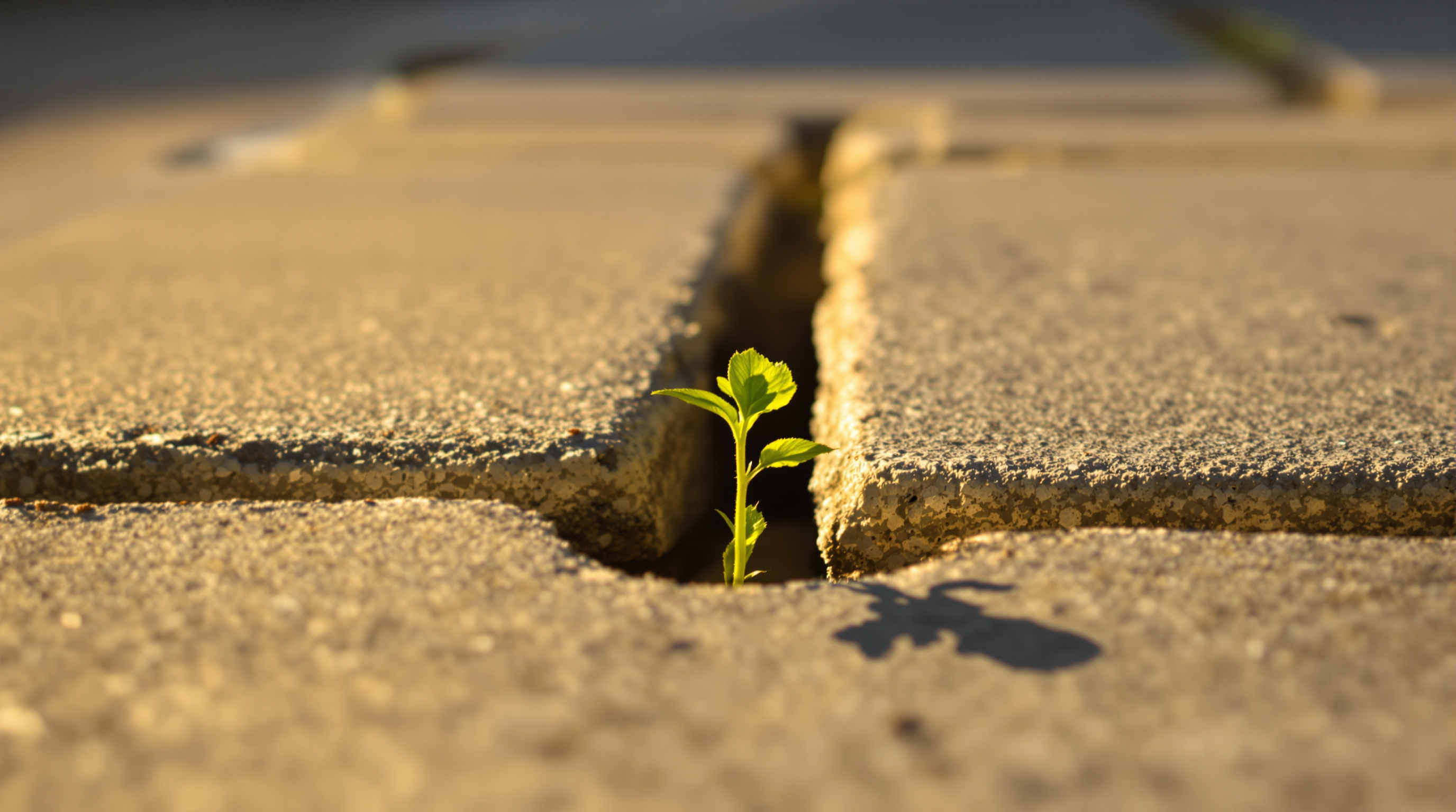 A single small green sprout pushing up through a crack between two stone paving flags in warm late-afternoon sidelight