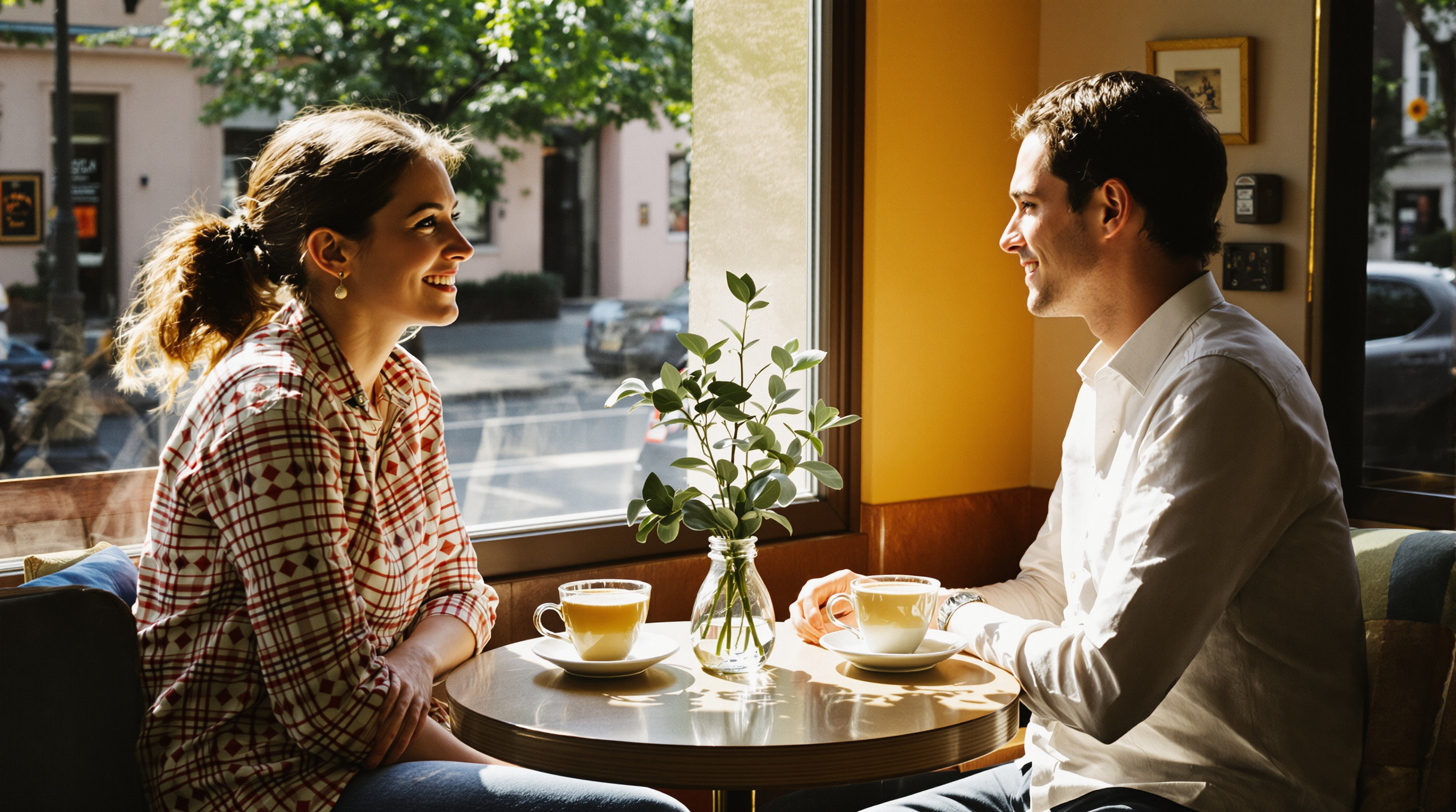 Two people talking across a small café table in warm afternoon light, seen from the side, two cups and a small vase between them