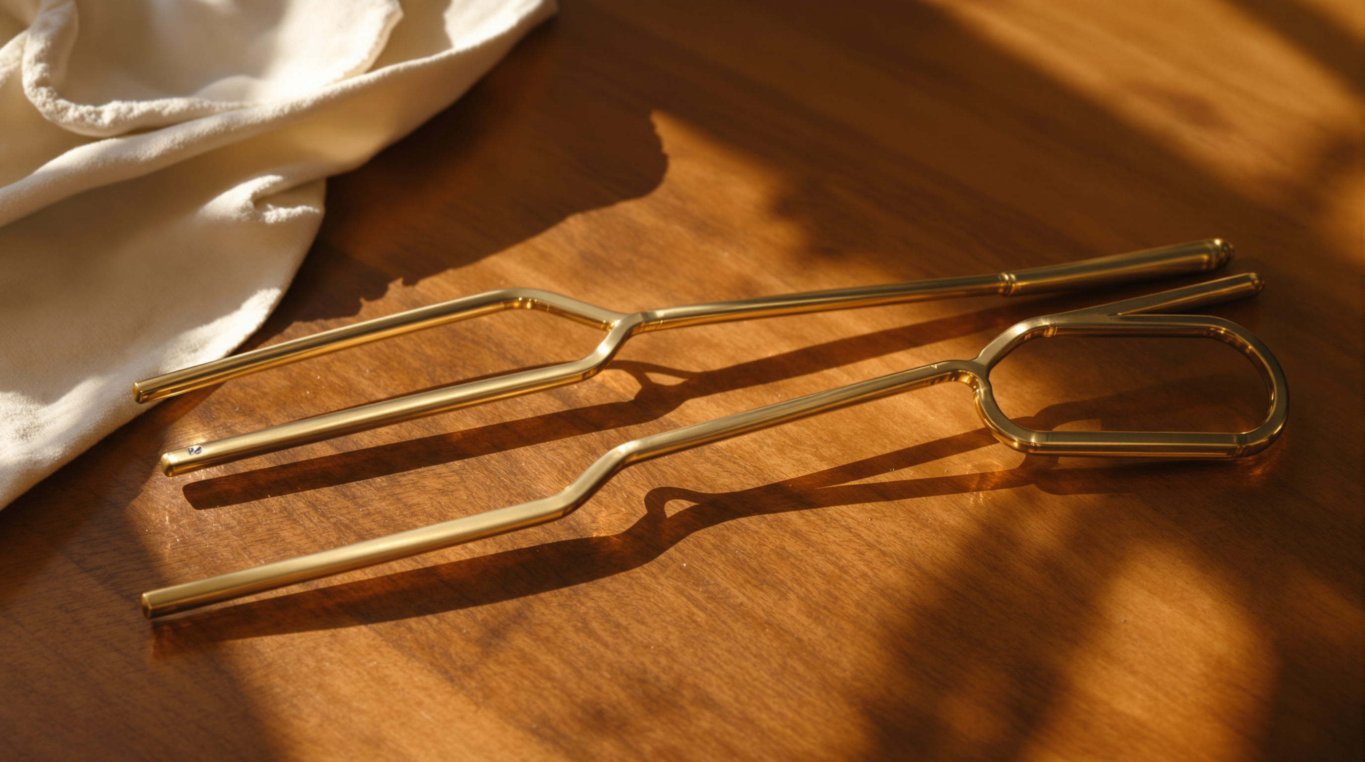 Two tuning forks of different sizes lying side by side on a warm wooden table in afternoon light