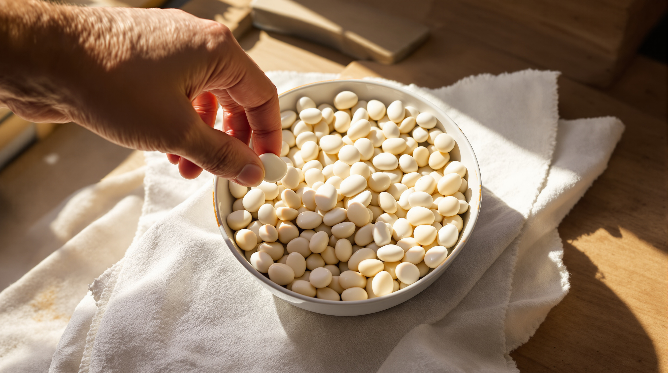 A hand lifting one pale pebble from a shallow white dish holding dozens of nearly identical ones, on a linen cloth in warm afternoon light