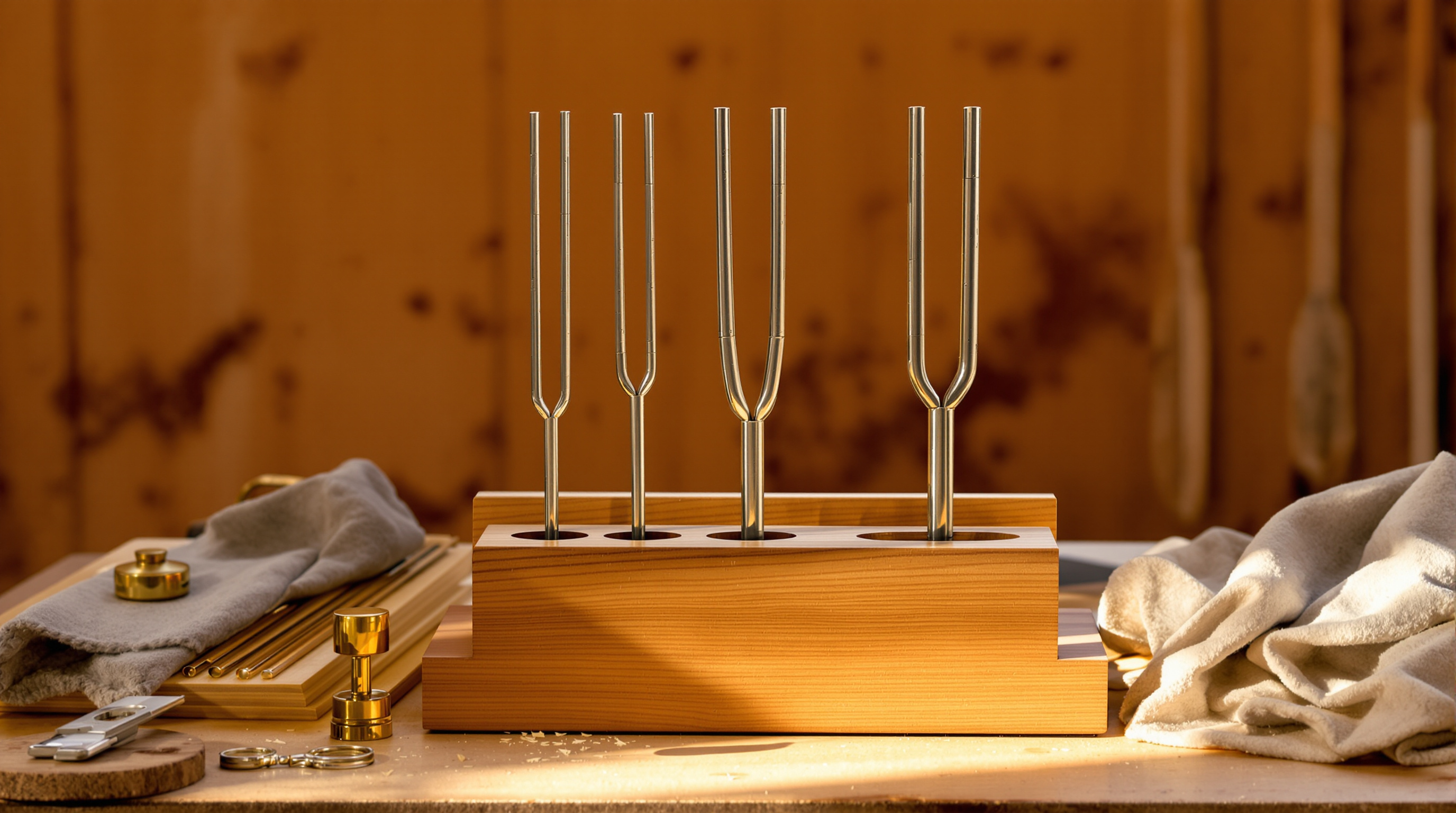 Four tuning forks of different lengths standing in a slotted wooden block on a workbench, one slot left empty, in warm raking light