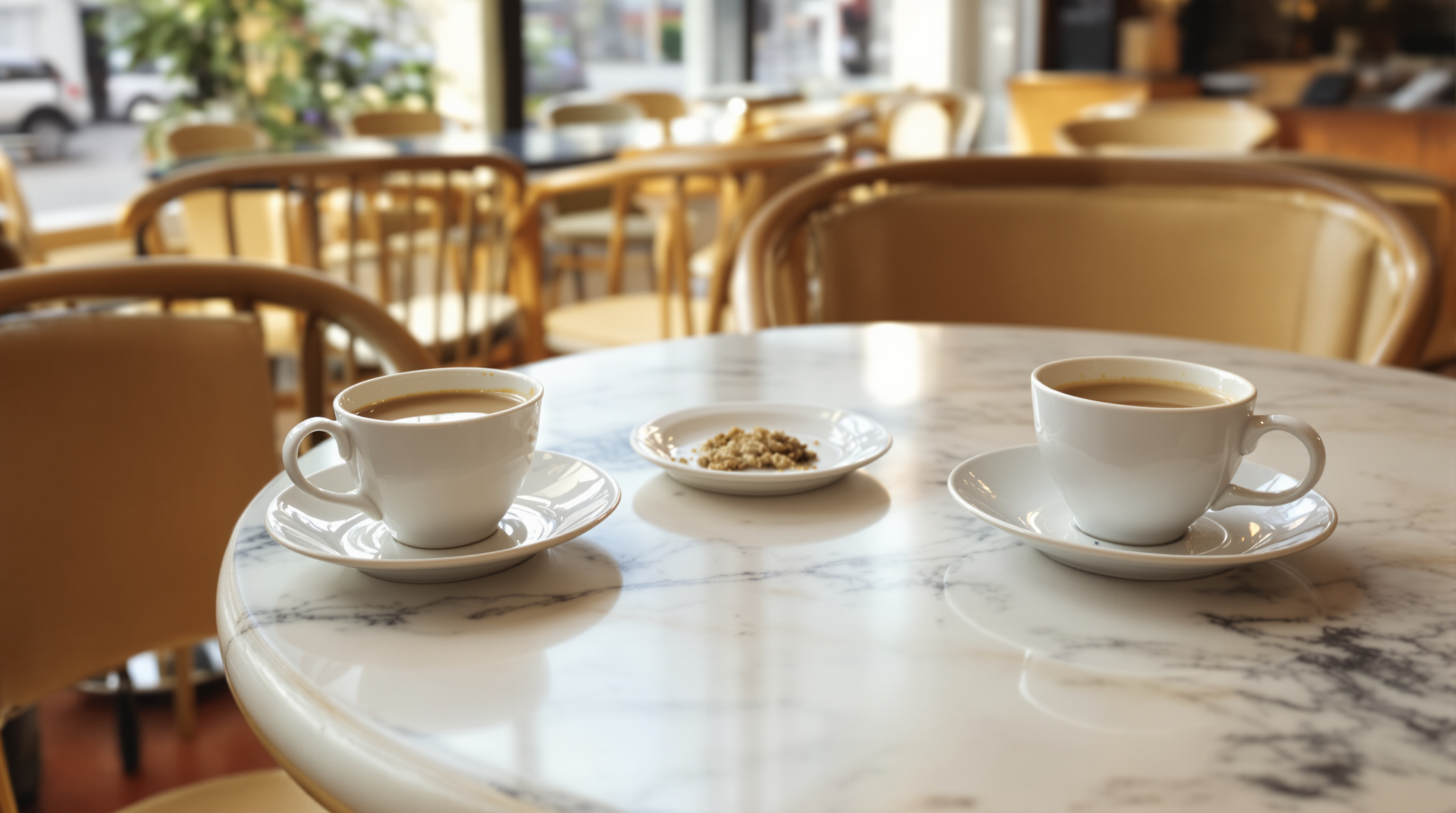 Two half-drunk cups of tea and a small plate of crumbs on a round marble cafe table, empty chairs pushed back out of focus behind, warm afternoon light through a large window