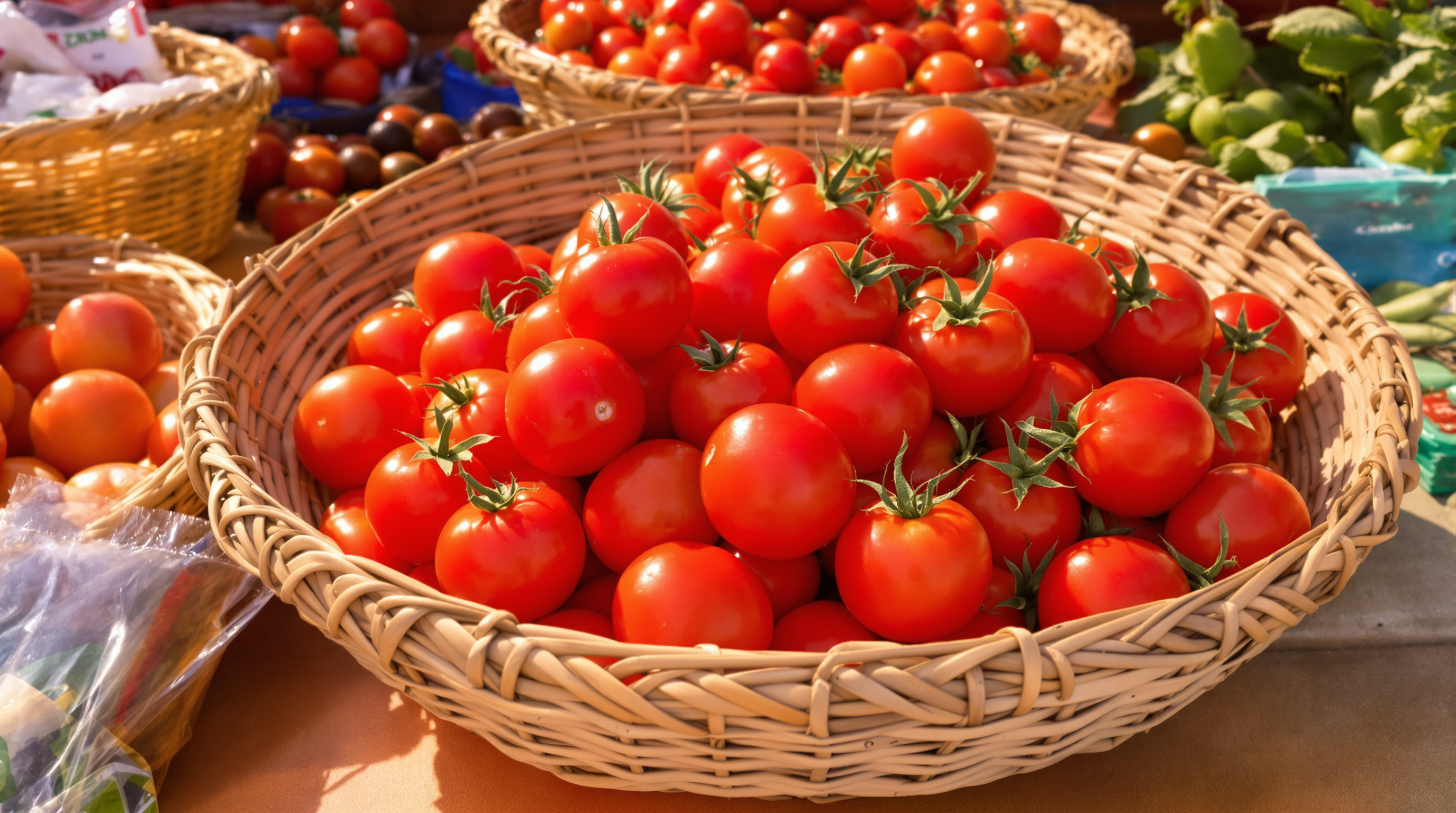 A wide woven basket heaped with ripe tomatoes on a market table in warm afternoon light