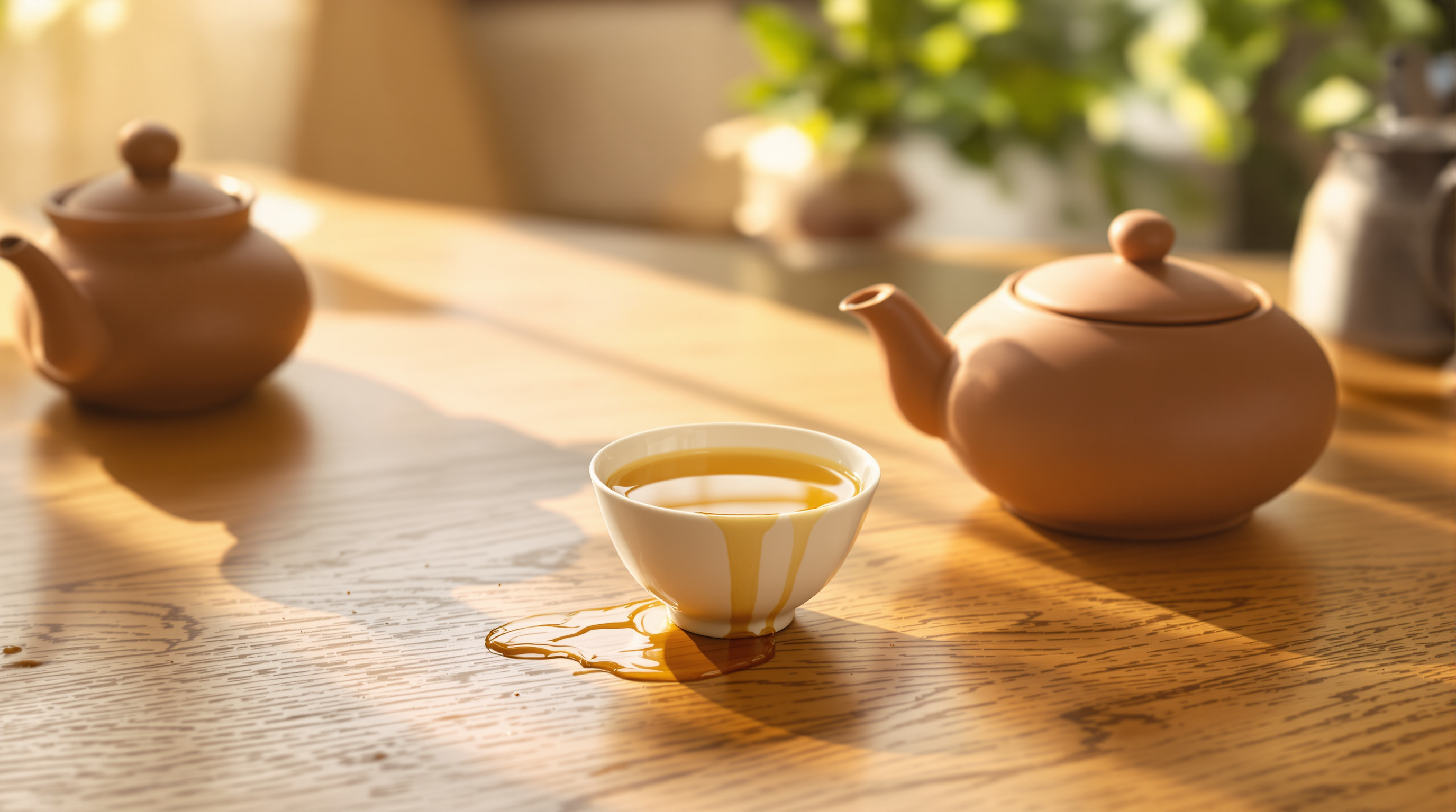 A small porcelain cup overfilled with tea, a spill running across the wooden table beside a squat clay teapot, in warm afternoon window light