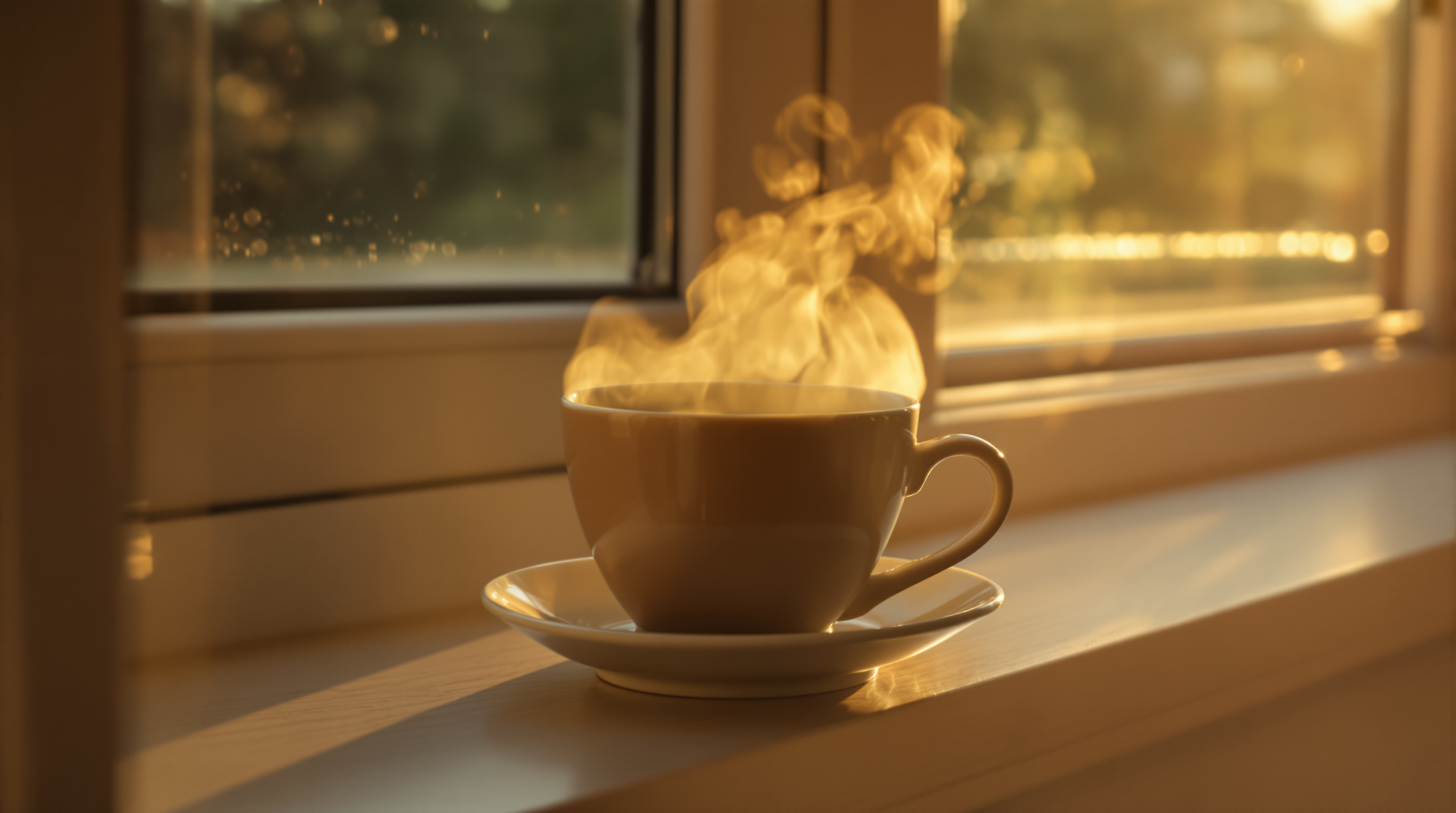 Steam rising from a shallow cup of tea on a pale wooden windowsill in early morning light, the vapour catching the sun
