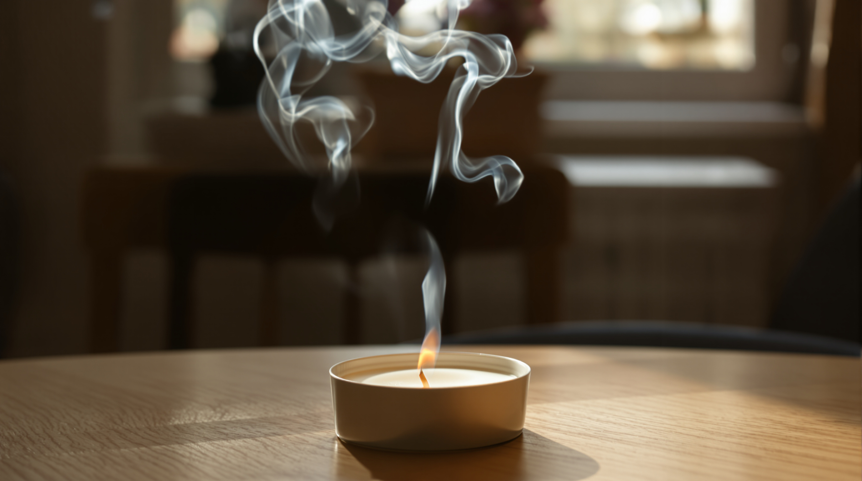 A thin thread of smoke rising from a just-extinguished candle on a pale oak table in warm side light from a window